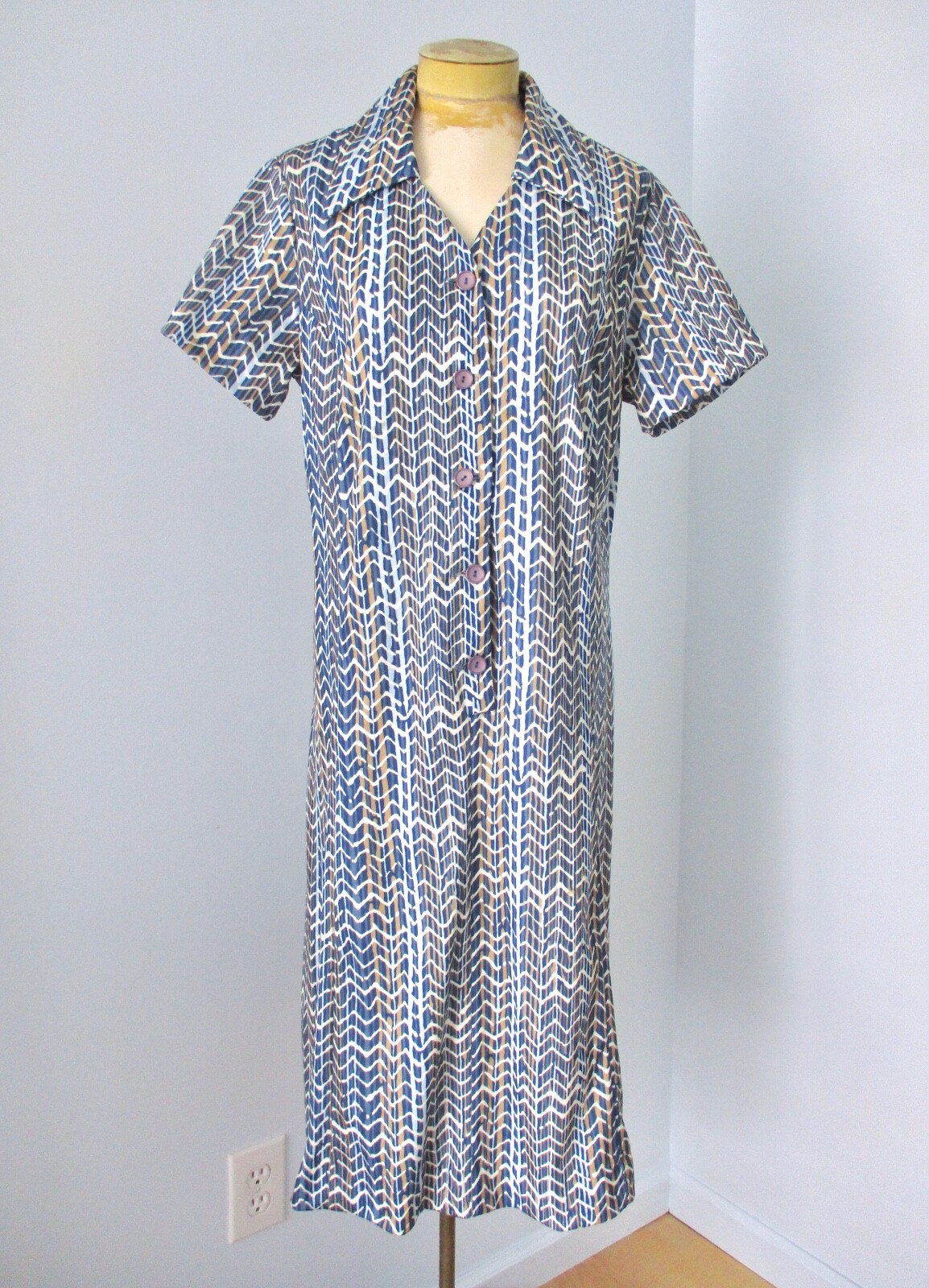 Vtg 60s 70s Blue Beige ZigZag Stripe Poly Knit Sheath Shirt Day Dress Sz 20