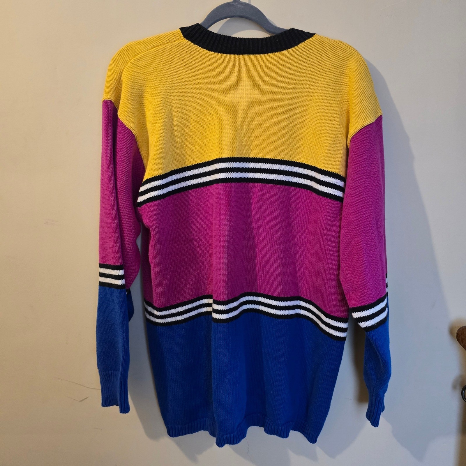 Lizsport Vintage Colorblock V-Neck Sweater Yellow Pink Blue Cotton Womens Medium