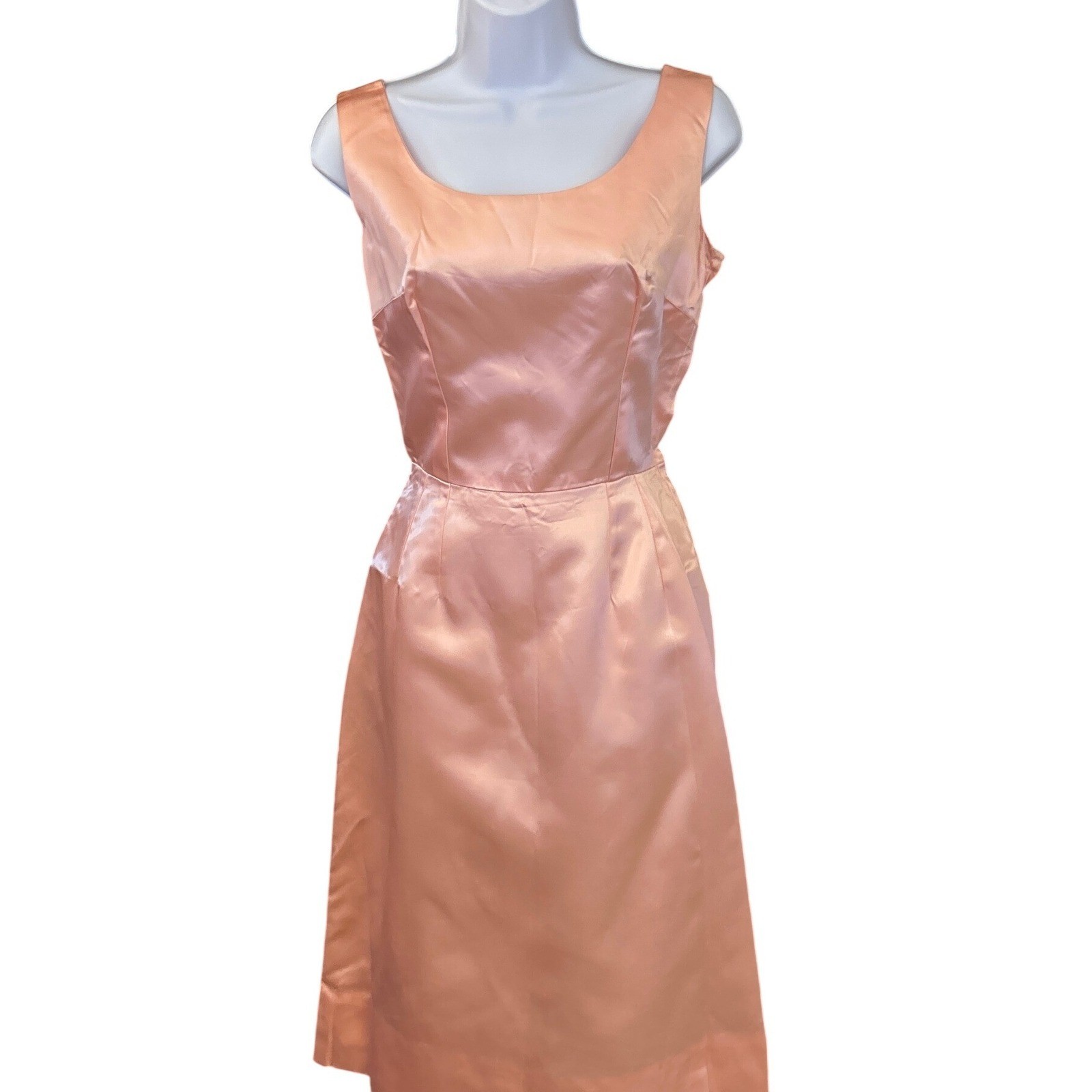 Vintage 60s Satin Cocktail Dress Peach Pink Mid Century Retro Glam Pastel Formal