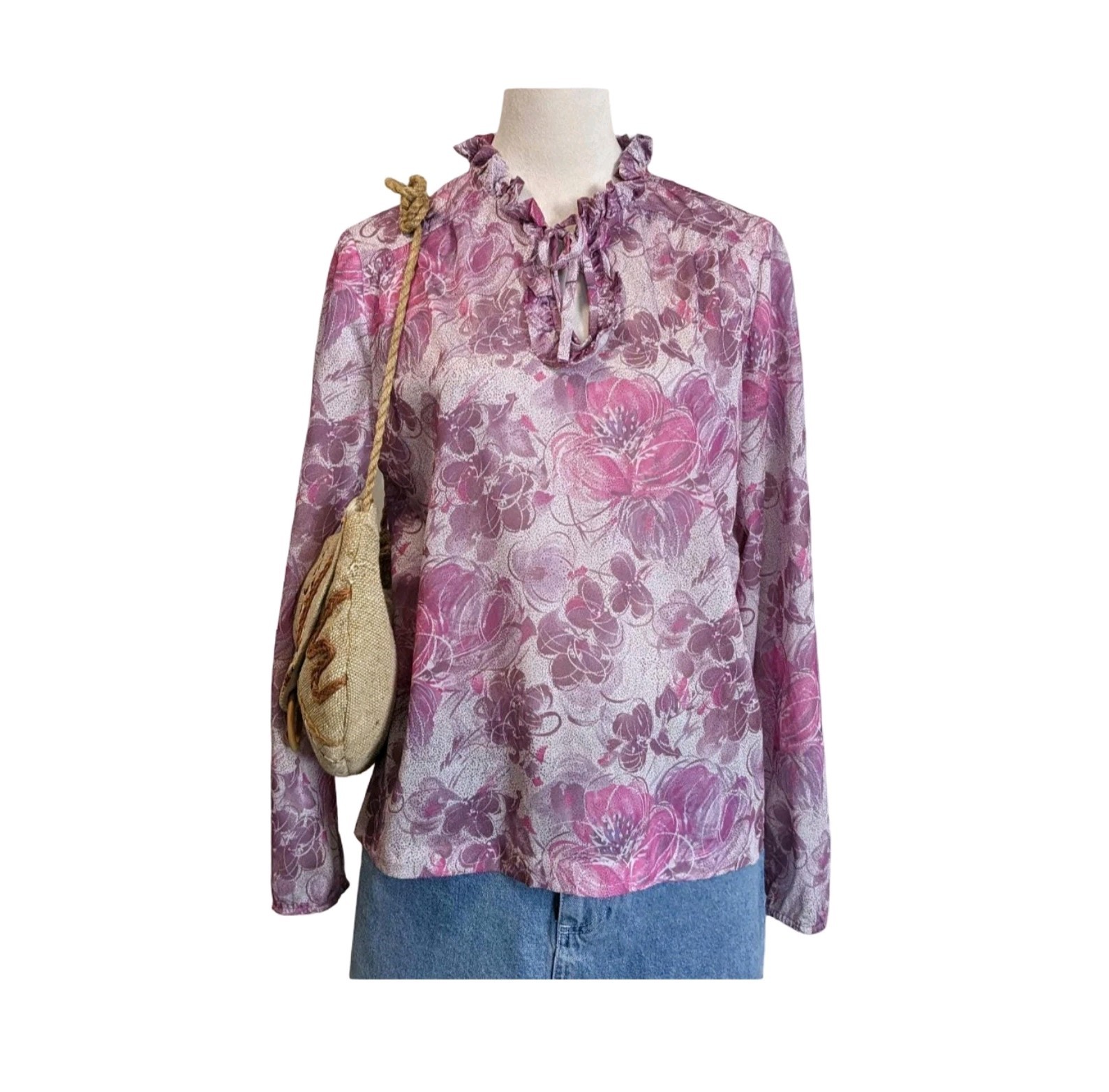 Vintage 70s D Allaird’s Blouse Womens Large Pink Floral Ruffle Neck Tie Top