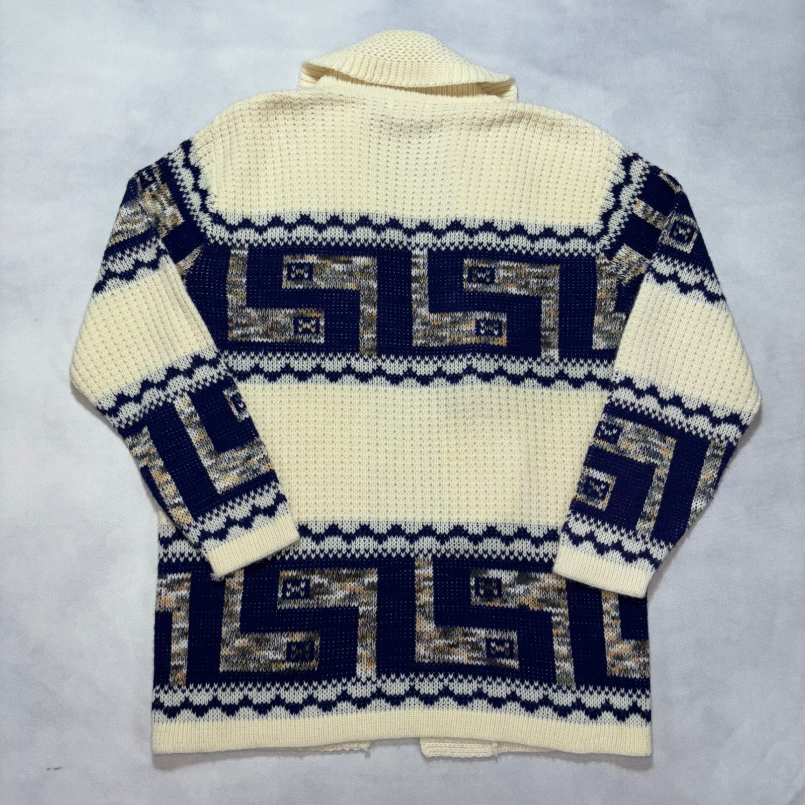 Vintage 60’s Shawl Collar Cardigan Women’s Large Cream Navy Blue Greek Aztec