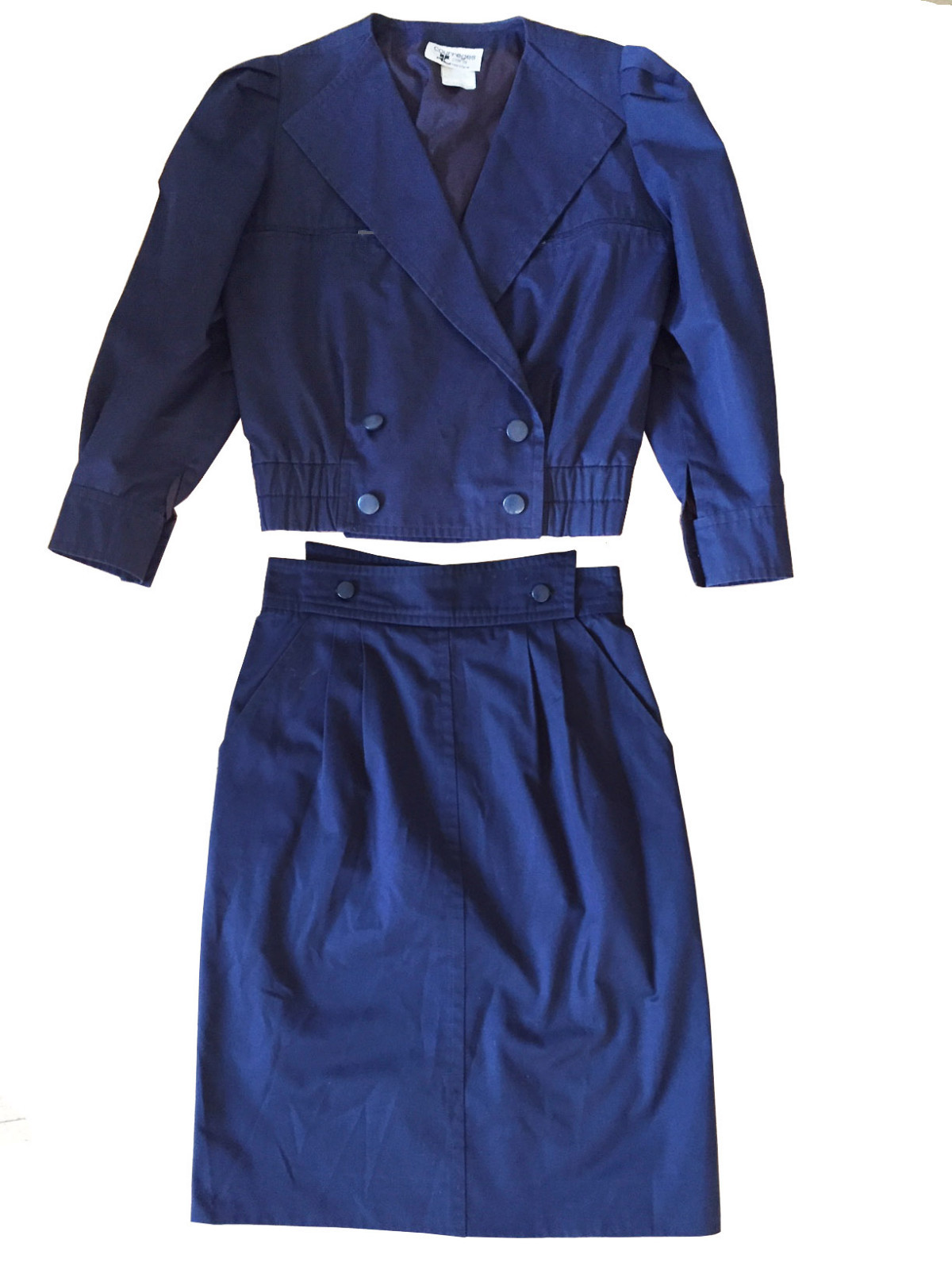 COURREGES Skirt Jacket Suit 2-Piece Size S/6 Navy Cotton Blend Vintage