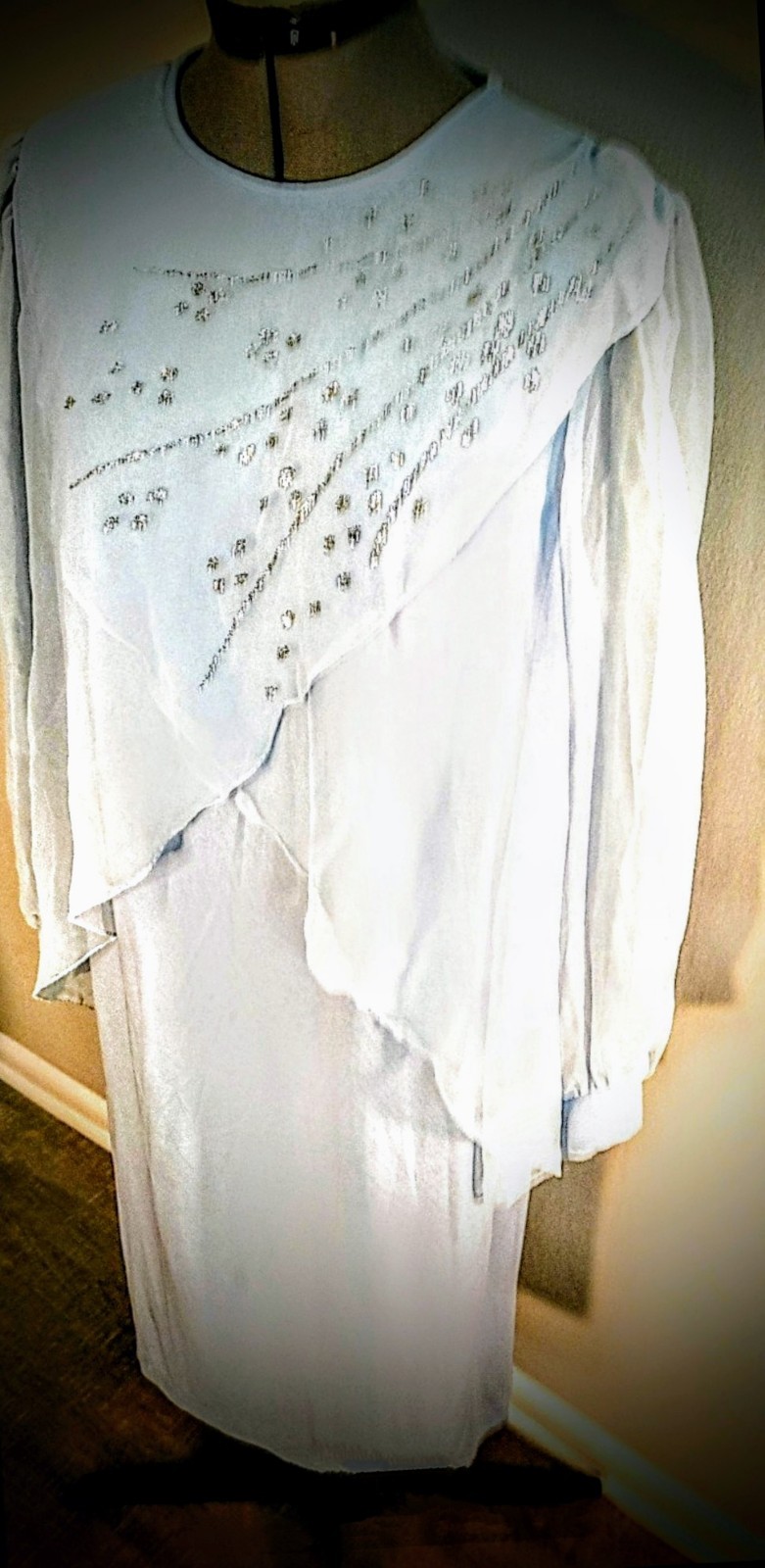 Vintage Gilberti Baby Blue Shift Dress Silver Glitter Pattern Size Large