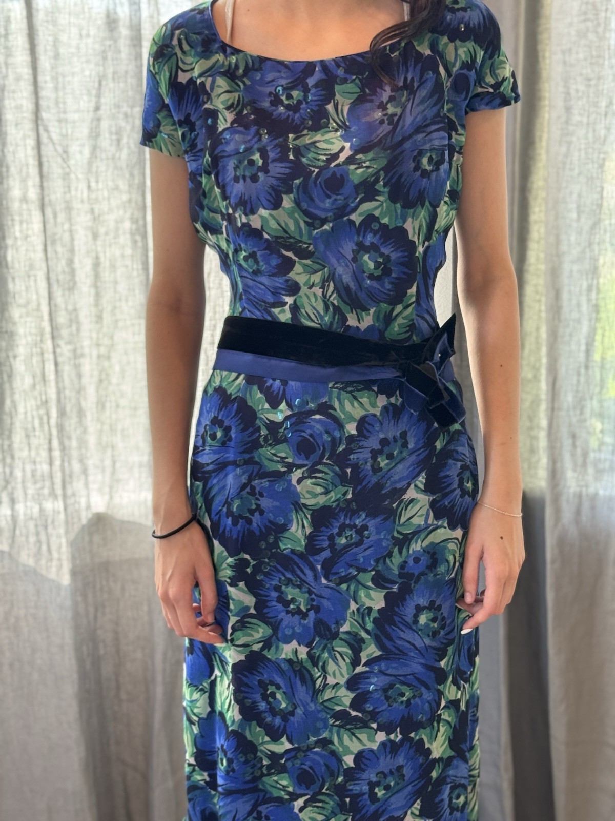 1960s Vintage Silk Chiffon Party DRESS Blue/Green Floral Lined Taffeta M Sequin