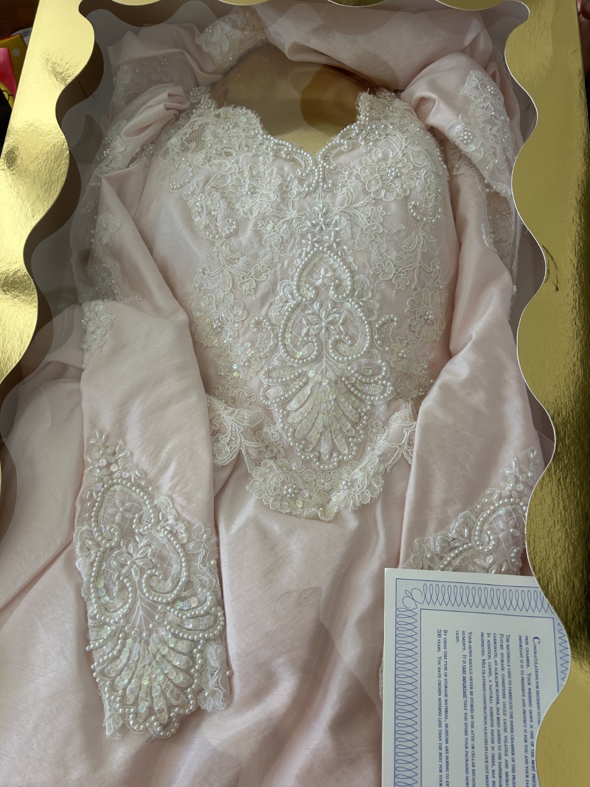 Vintage blush Bridal Wedding Dress Size 8 Satin Puff Sleeve, open preserve box