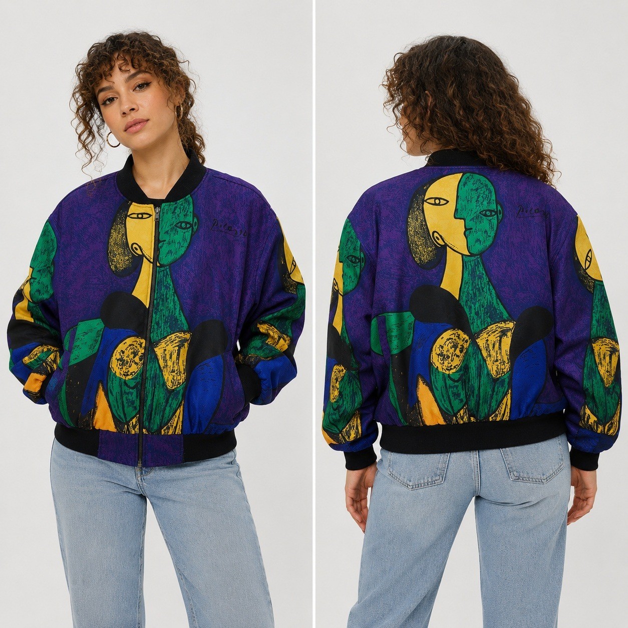 Vintage Nicole J Farah Picasso Face Art Bomber Jacket Women’s L-XL Purple