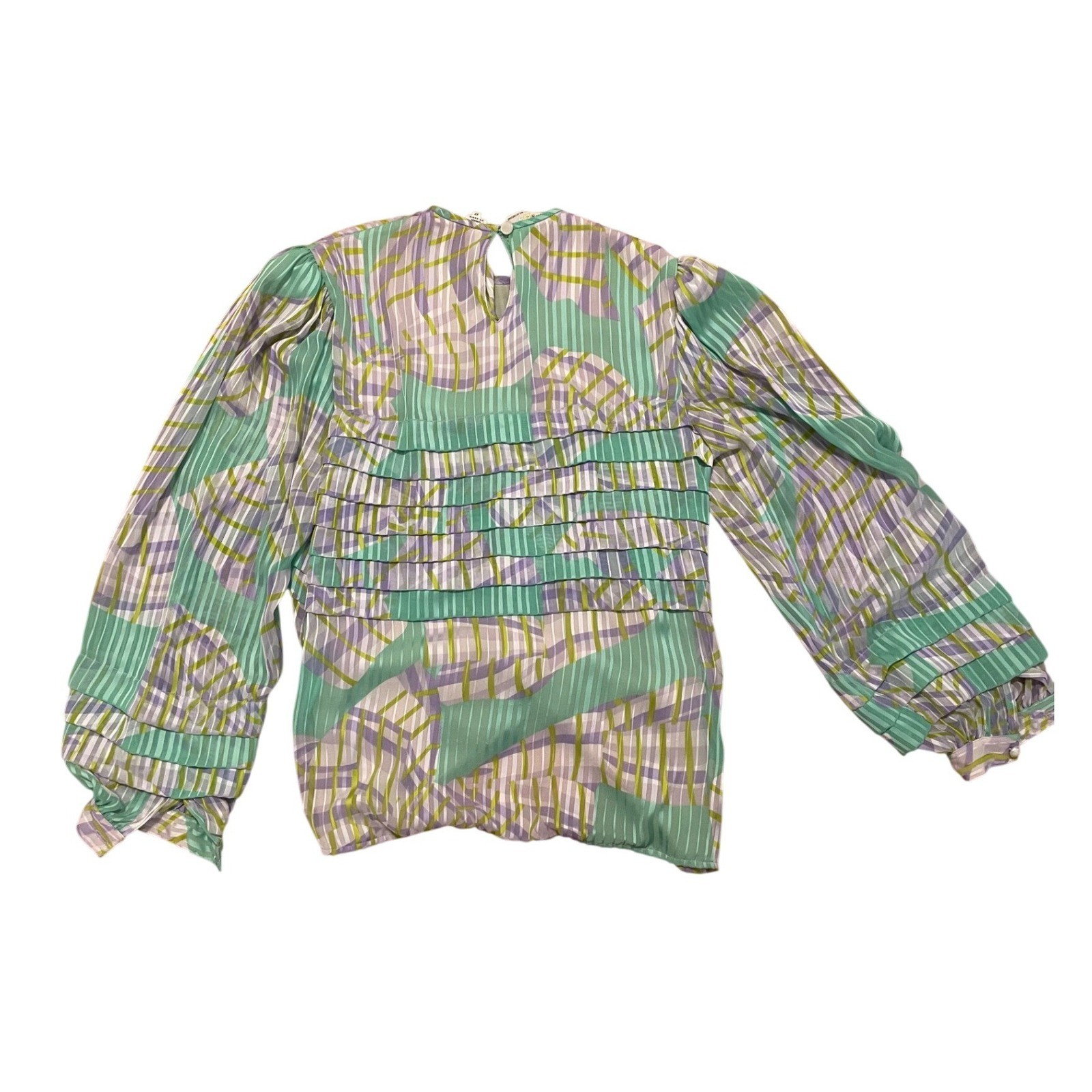 Vintage Oleg Cassini Silk Blouse Size 8 Pastel Print Puff Sleeve Sheer Top
