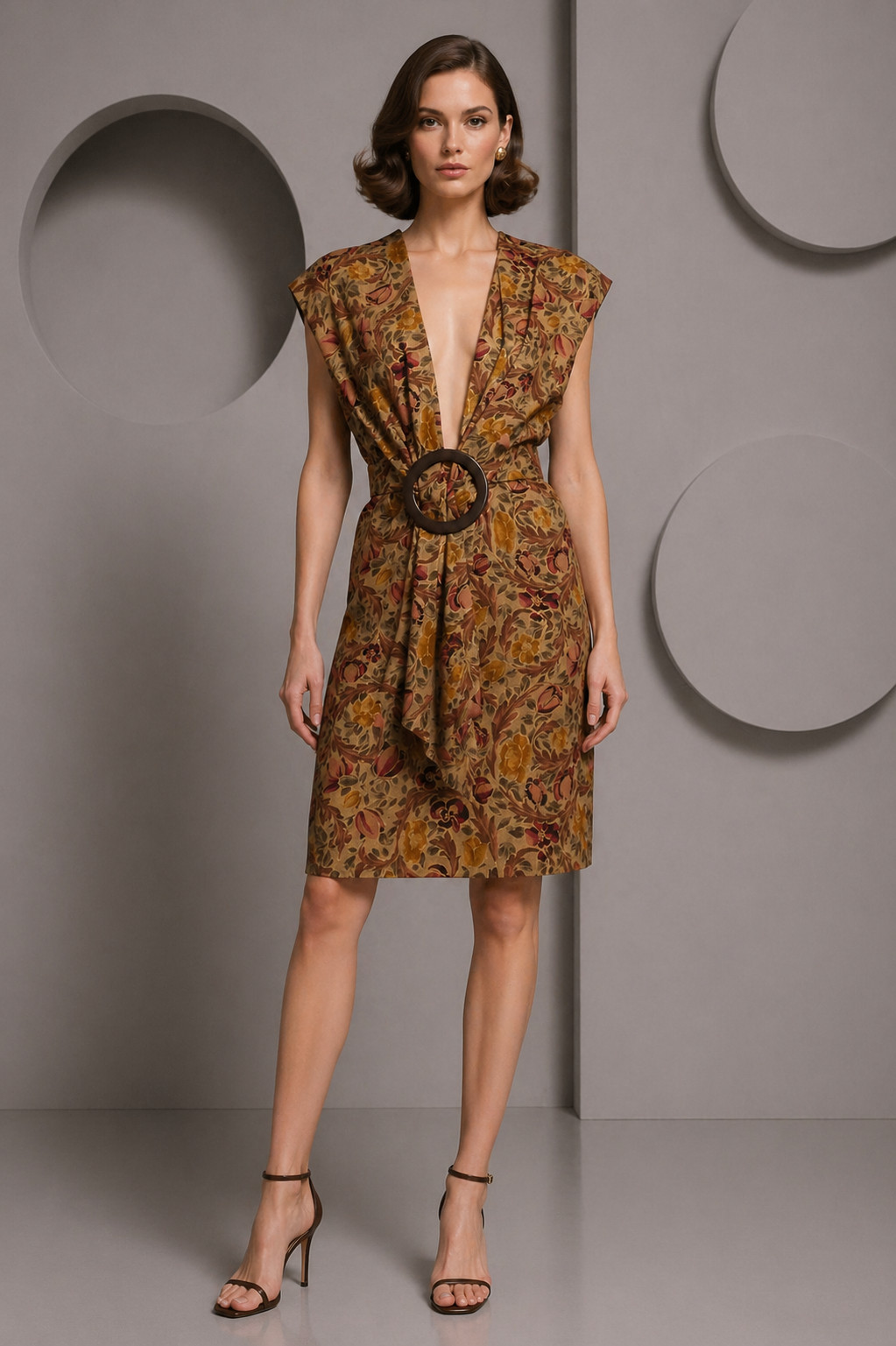 PIERRE CARDIN HAUTE COUTURE- 1990 Brown Floral Wool Dress, Size 8