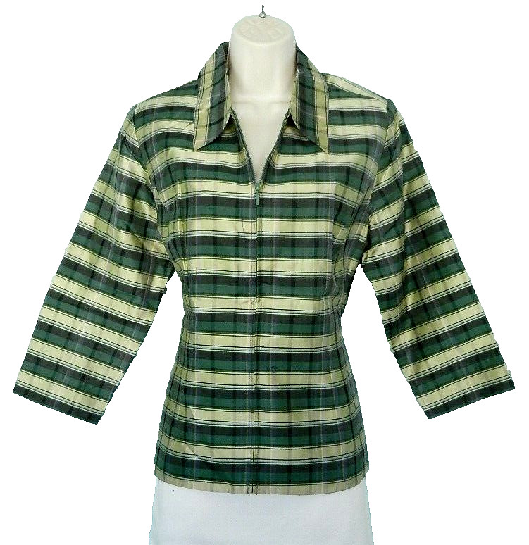 VTG. 2000s SILKLAND Raw Silk Green Plaid Lined 3/4 Sleeve Lightweight Jacket M