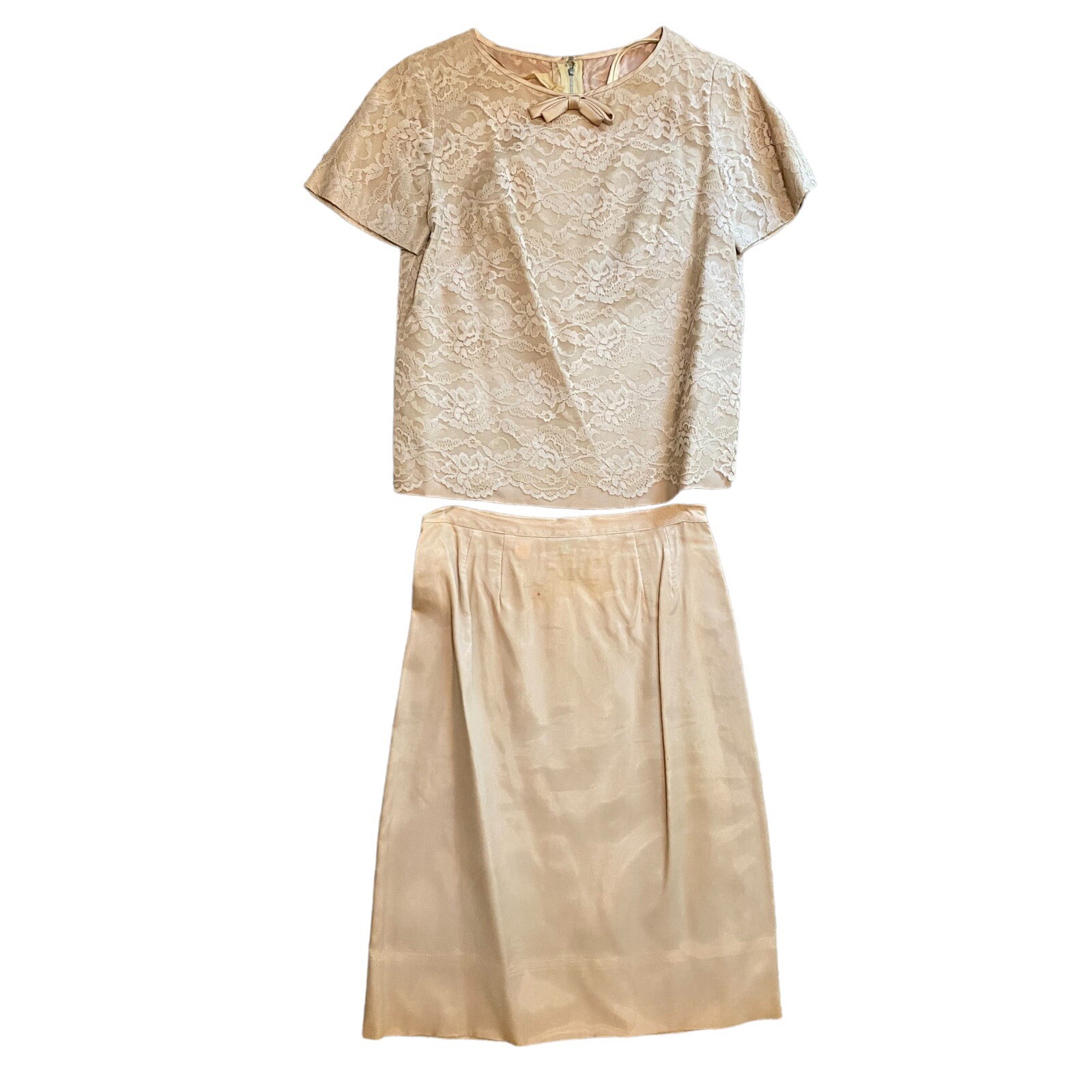 Vintage 60s 70s L’Aiglon Floral Lace Overlay Bow Top A Line Skirt Beige Size 14