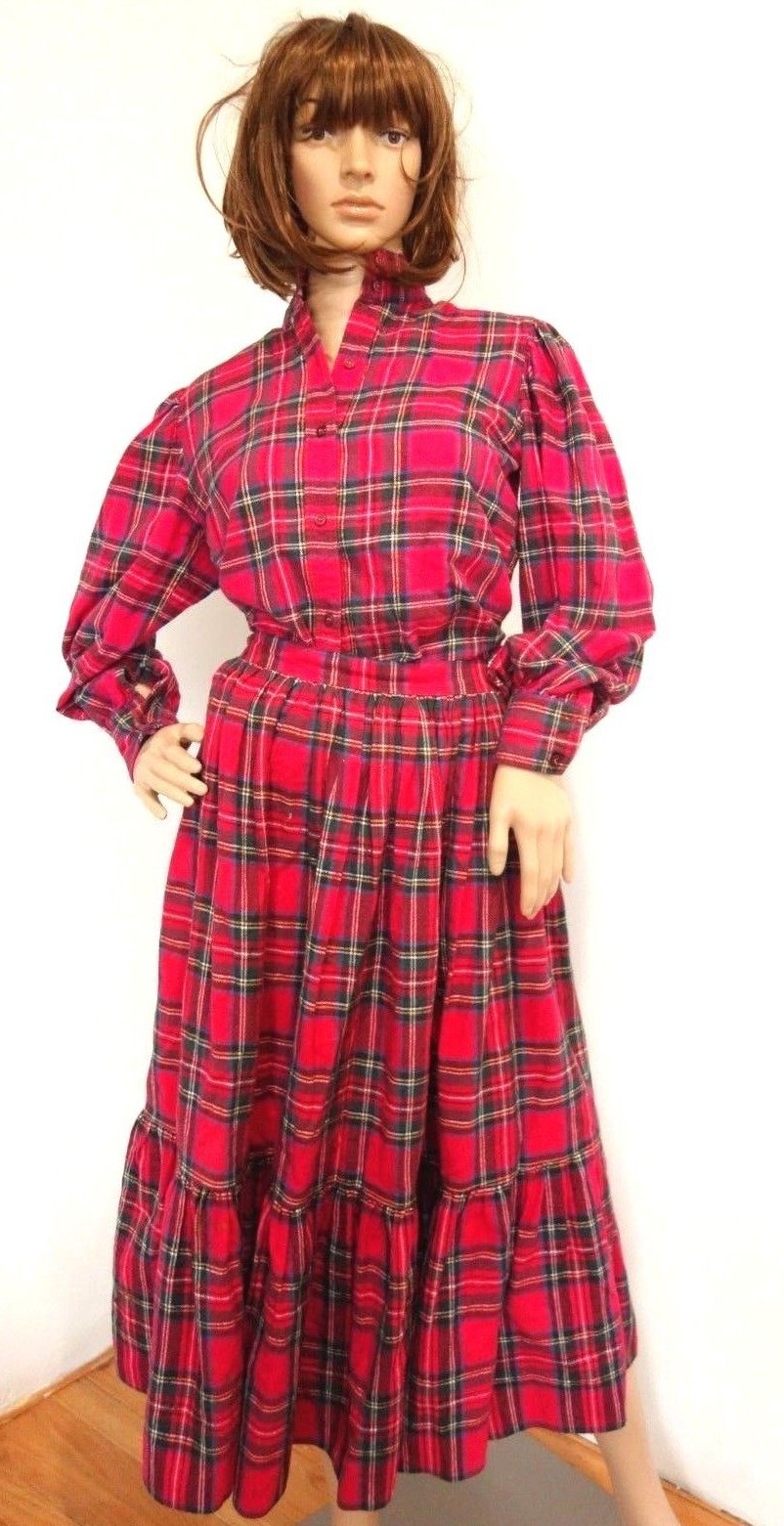 VINTAGE B. ALTMAN AND CO. RED TARTAN PLAID FLANNEL SKIRT ENSEMBLE OUTFIT M