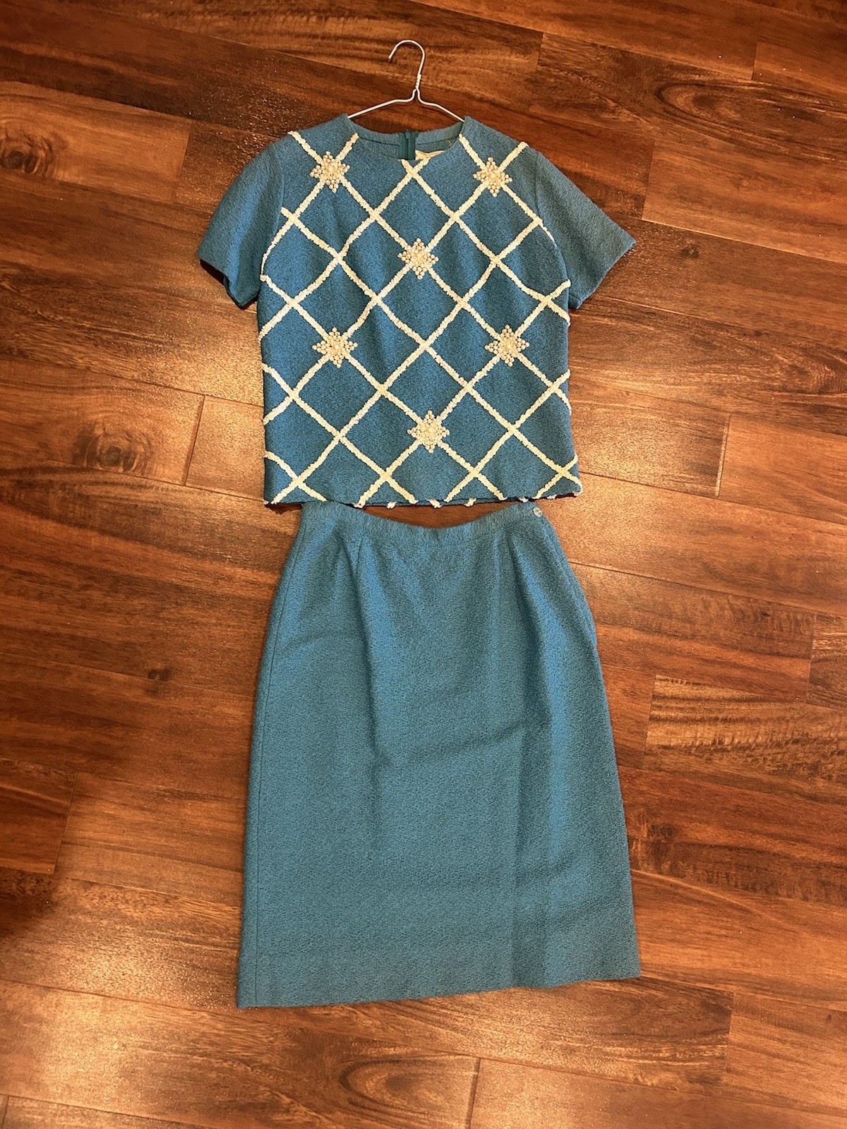 Vintage Apollo Knits 2 Piece Skirt Set Teal Blue Argyle Knits 1960’s Mod Dress
