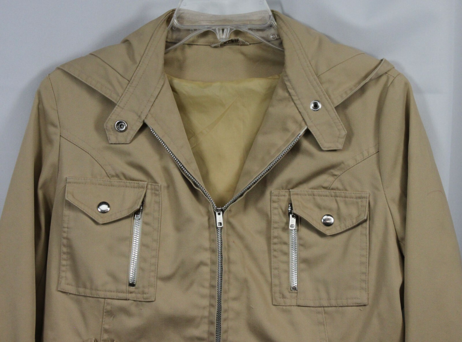 Vtg Jacket Coat Zip Front Khaki Mod Retro 70s Cotton Twill Hong Kong Mid XS/S