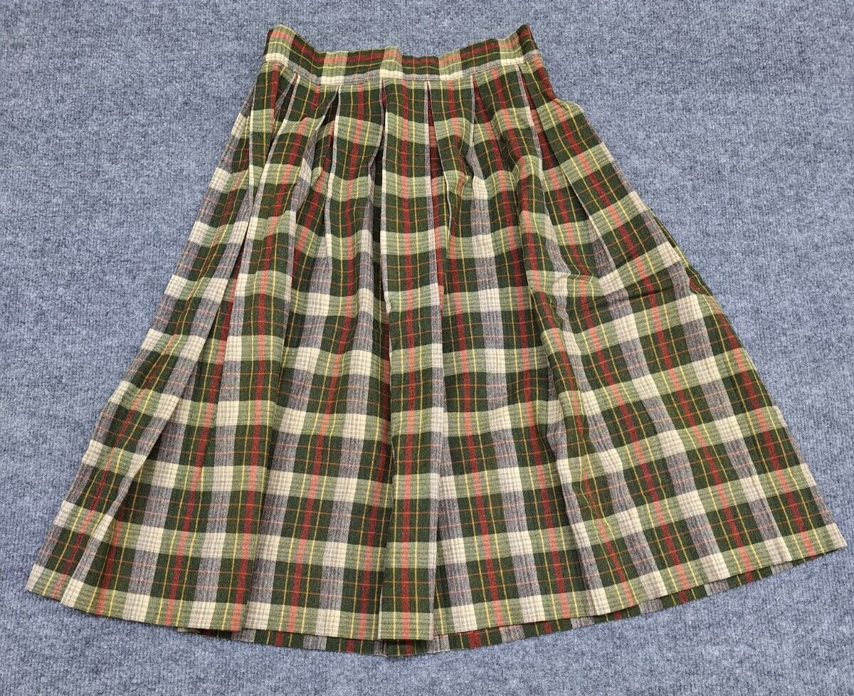 Vtg Alex Colman Pleated Wool Blend? Green Plaid Side Zip 26″ Waist Skirt