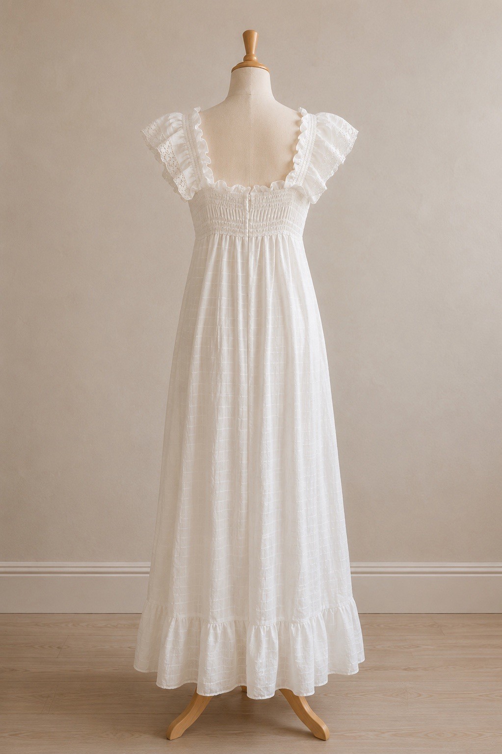 Vintage 1970s Handmade White Prairie Maxi Dress Smocked Lace Cottagecore S/M