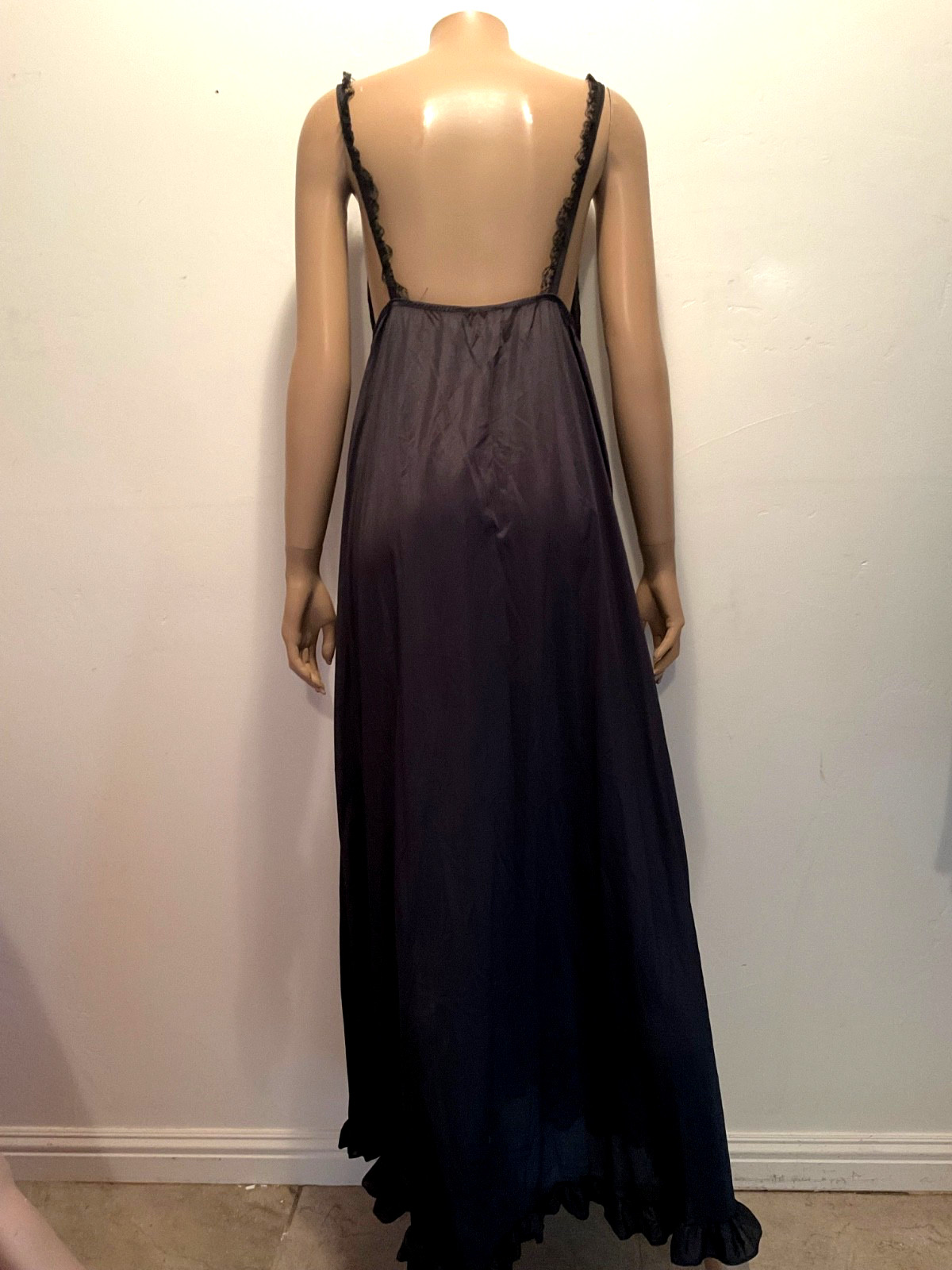 Vtg 1960s Black Silky Nylon Maxi Nightgown Lace Trim Ruffled Hem Large