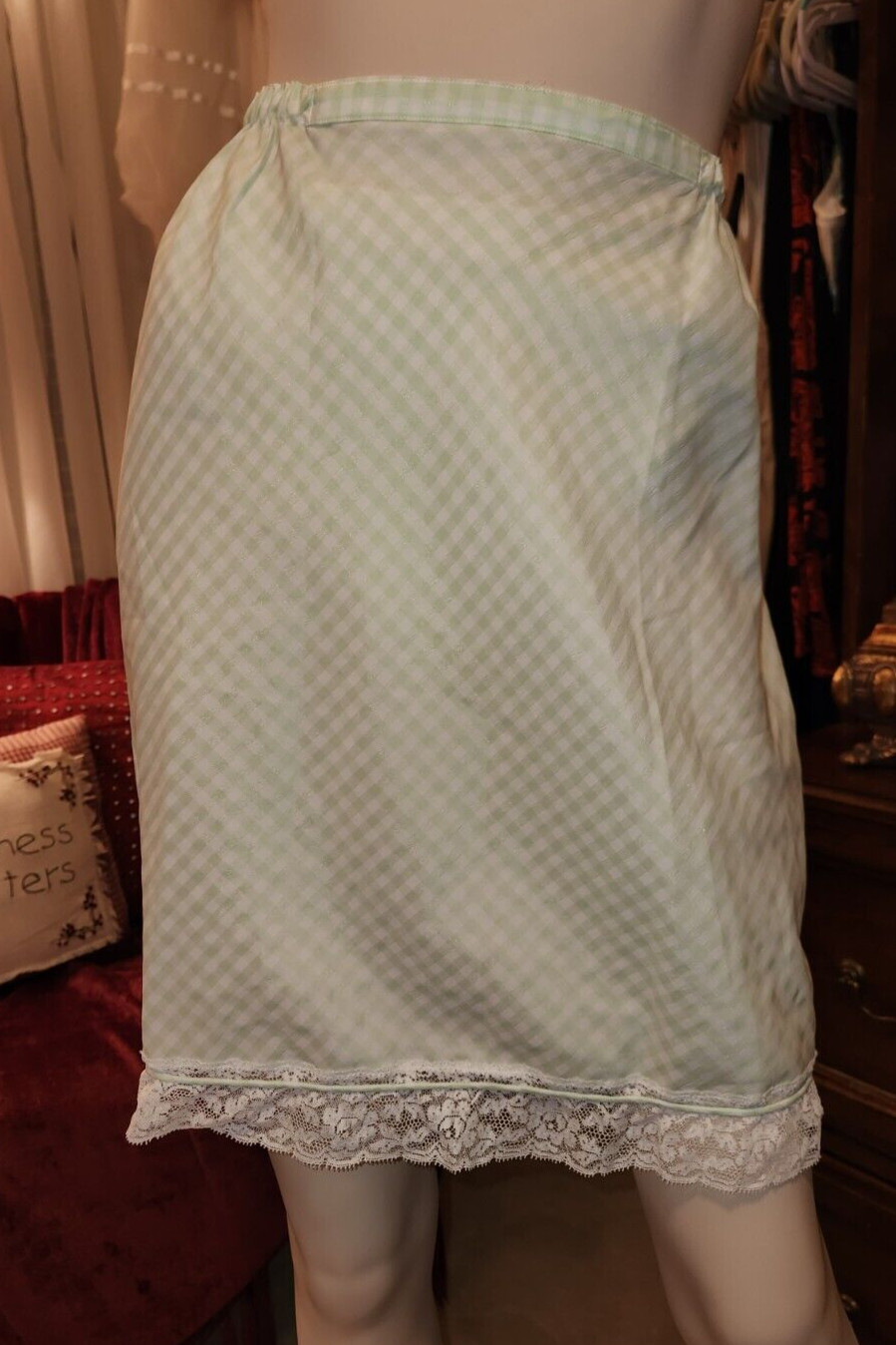 Vtg 60s/70s Gossard Artemis Gingham Dacron Polyester Half Slip Lace Hem~Sz S
