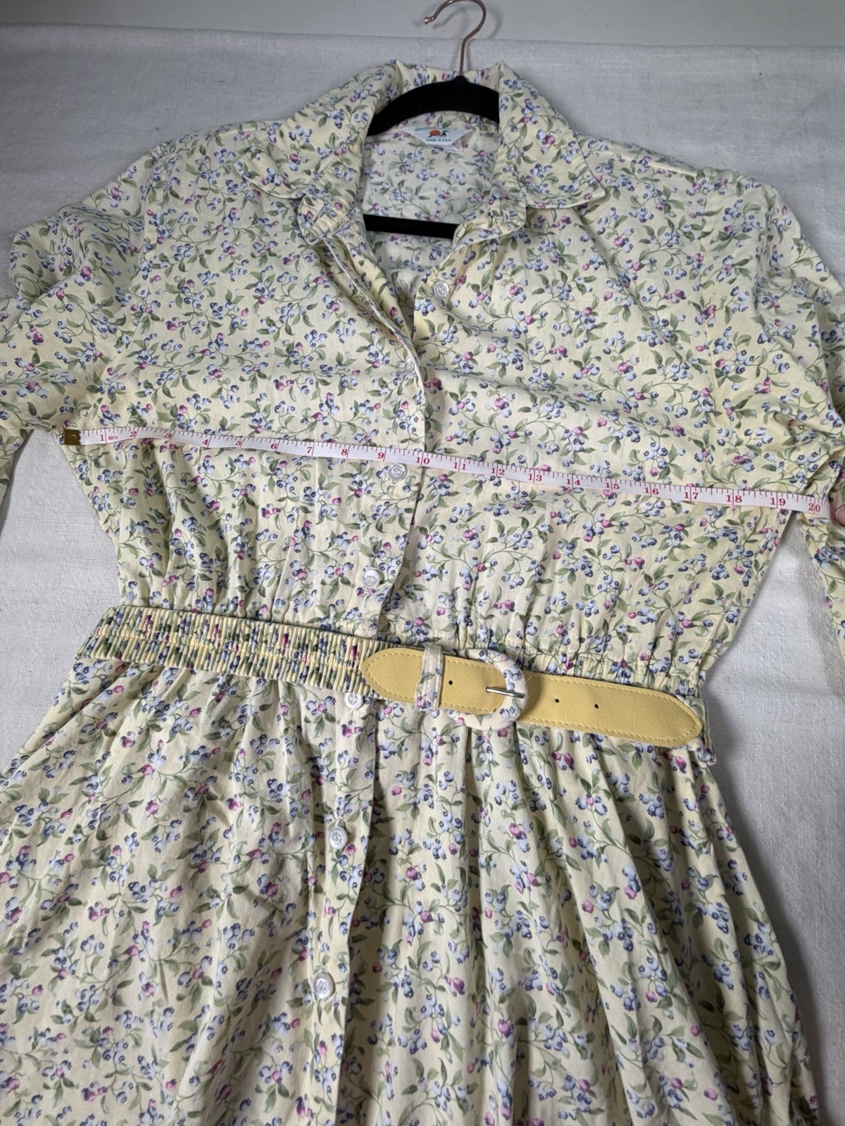 Vintage 90s Floral Shirt Dress Cottagecore Yellow Blueberry Midi Belted M/L USA