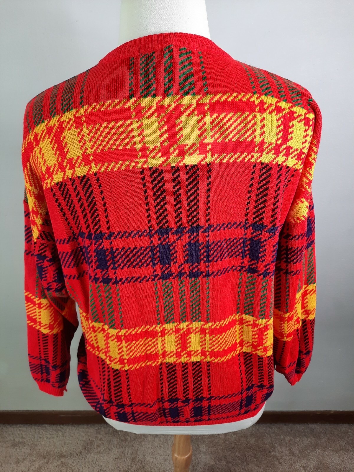 Vintage Vtg 80’s Boxy Bright Red Women’s Crewneck Sweater Plaid S6C Large