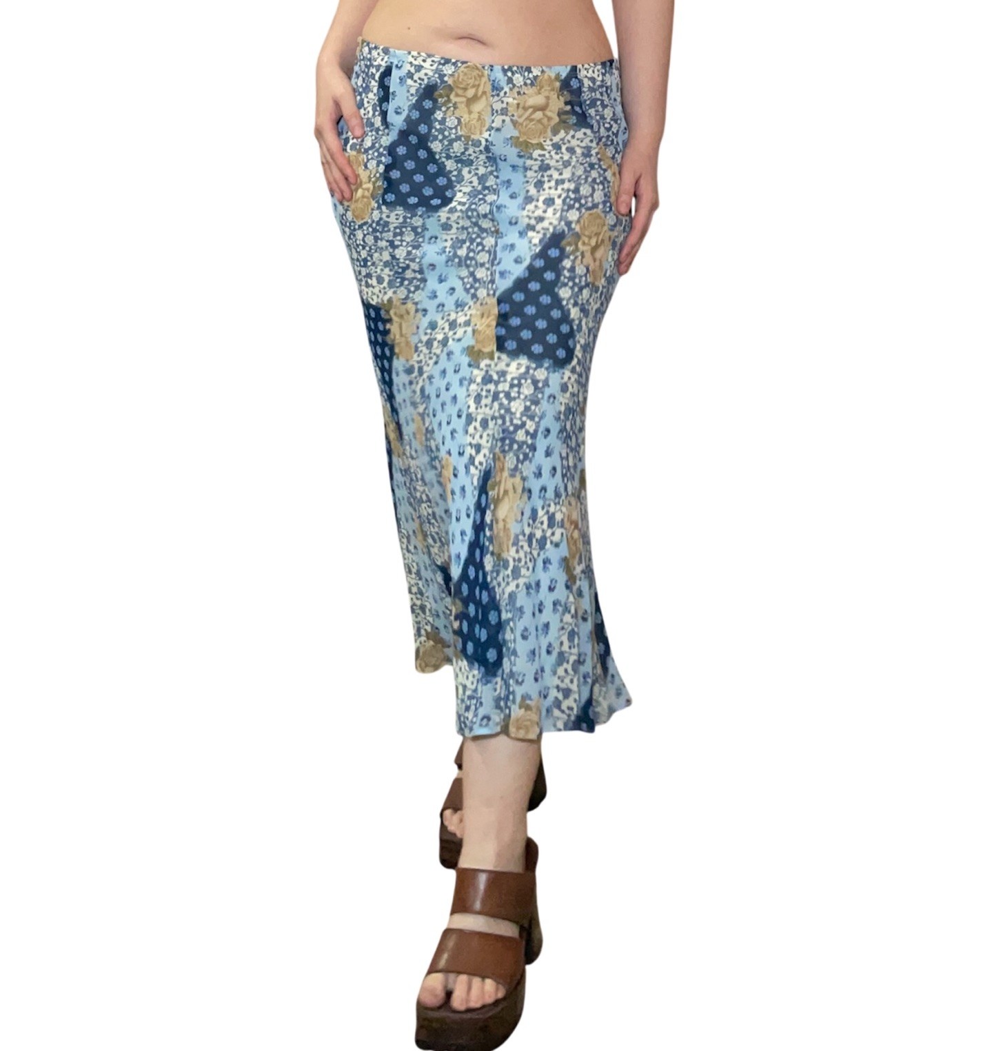 Y2K Blue And Cream Floral Patchwork Print Midi Skirt Size L