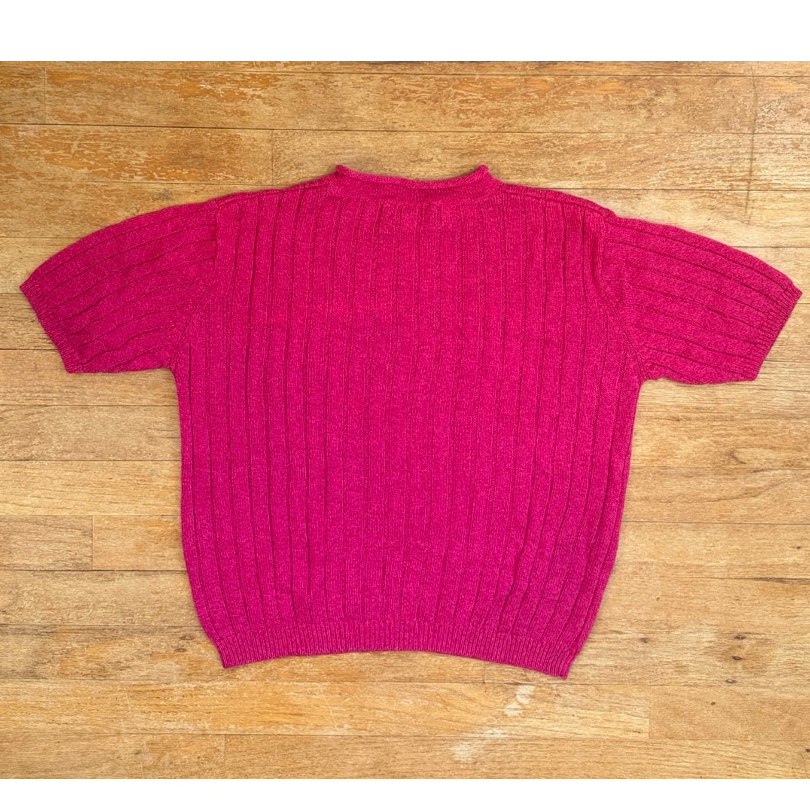 Vintage Pink Cable Knit Top Size Large 90s Rayon Cotton Knit Short Sleeve Ribbed