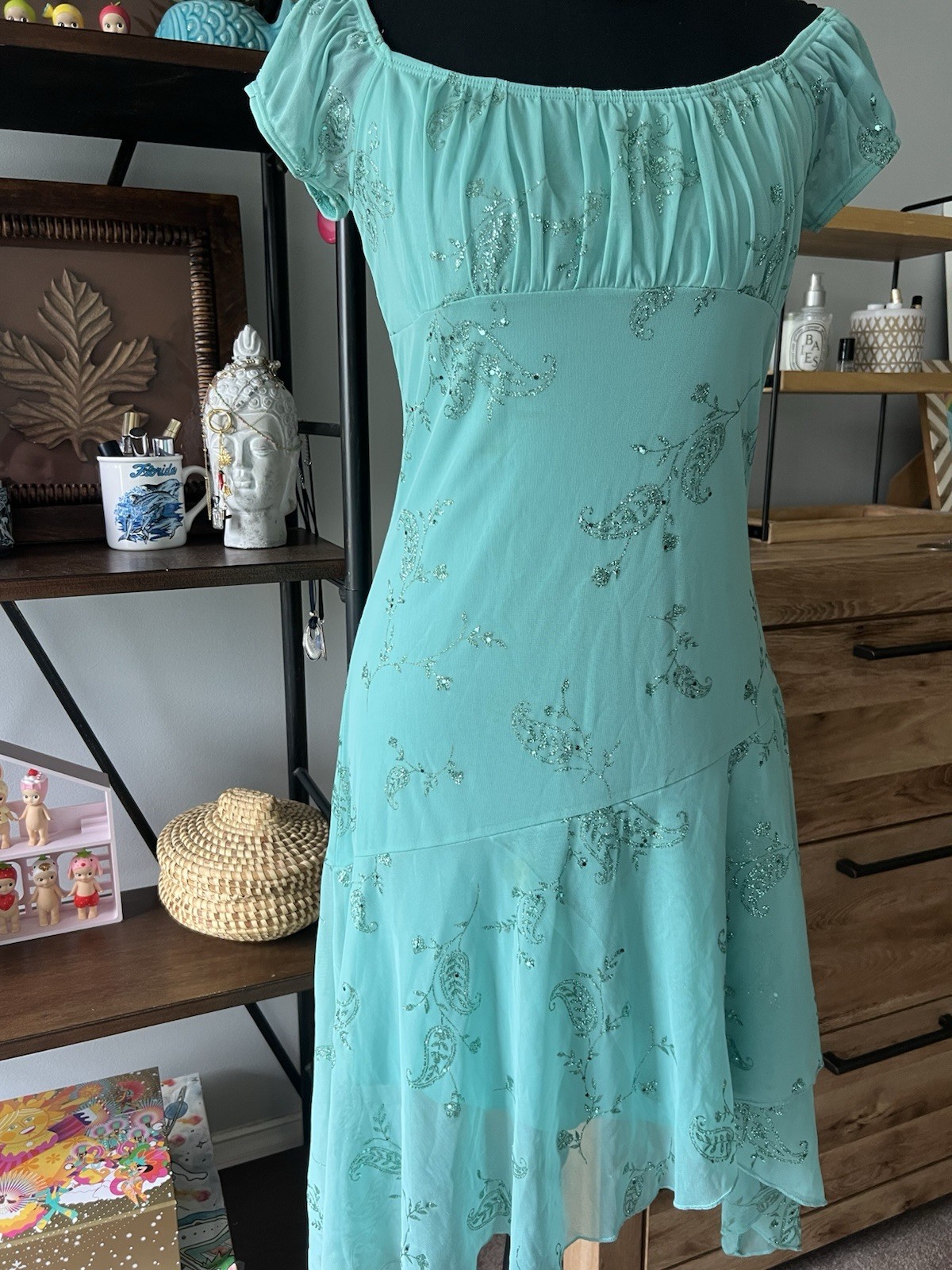 Vintage Y2K “Taboo” Blue Teal Paisley Floral Glitter Asymmetrical Midi Dress