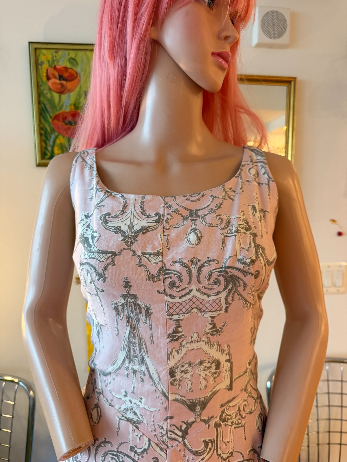 🎀 Vintage Mr Mort Pink Baroque Toile Fit & Flare Dress Full Skirt Cotton L