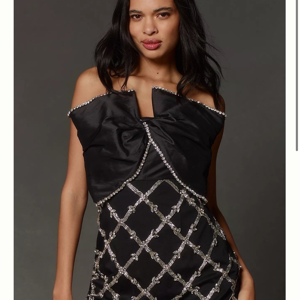 Maeve Strapless Bow Sequin Mini Statement Dress Black Party Wedding Size 6 NWT