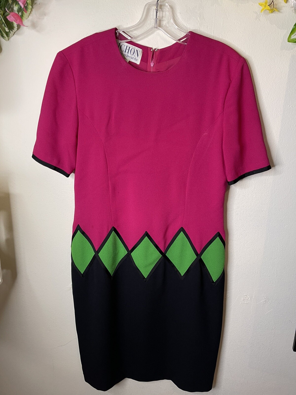 Vintage 80’s hot pink diamond dress Working Girl Secretary Grandmacore Argyle 6