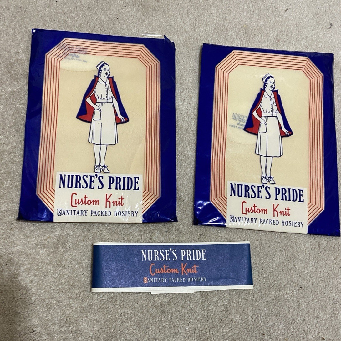 Vntg c1950s Nurse’s Pride Hosiery Cardboard Box w/ 2 Pair Knit Stockings in Pkg