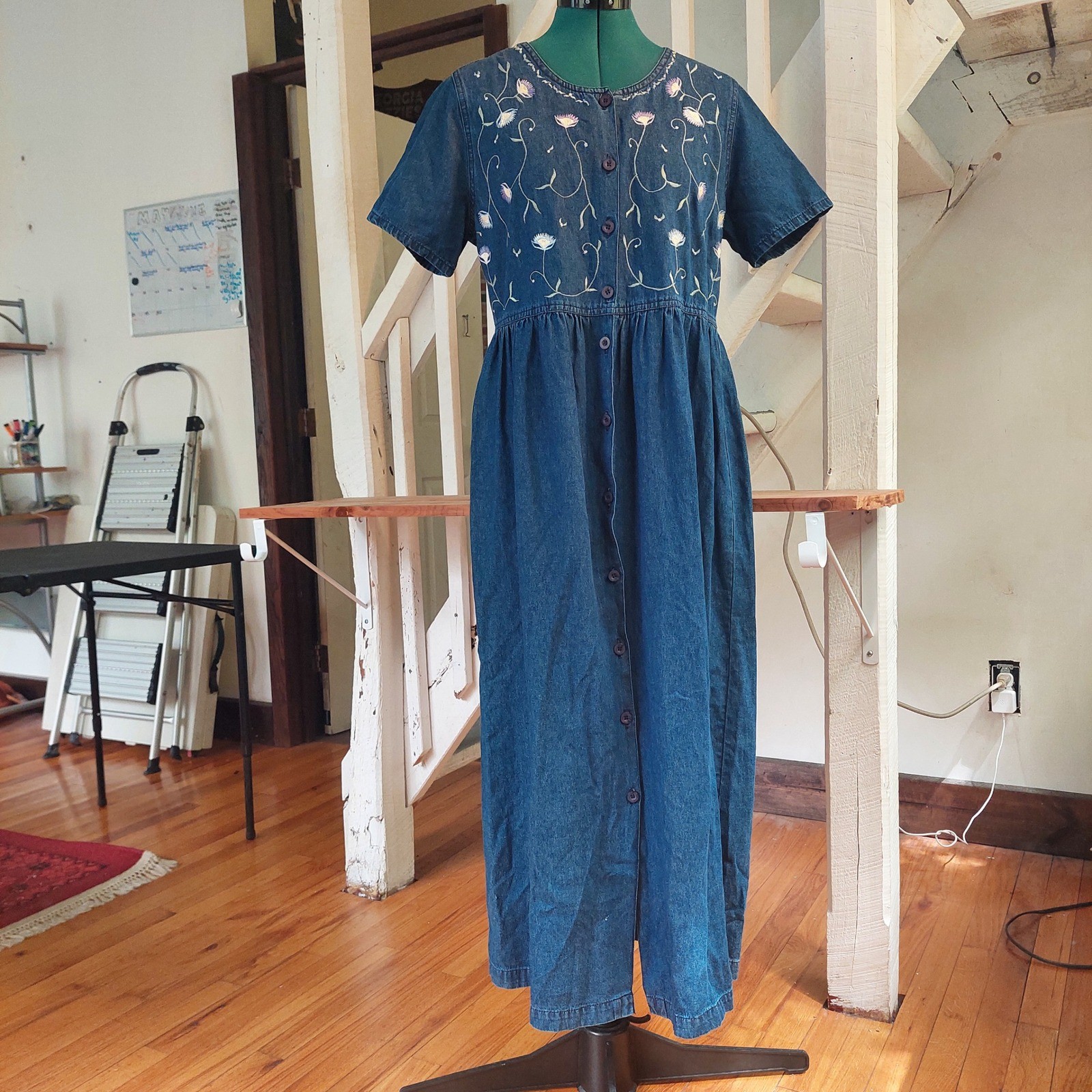 Vintage Erika & Co Denim Floral Embroidered Front Button Maxi Dress Blue