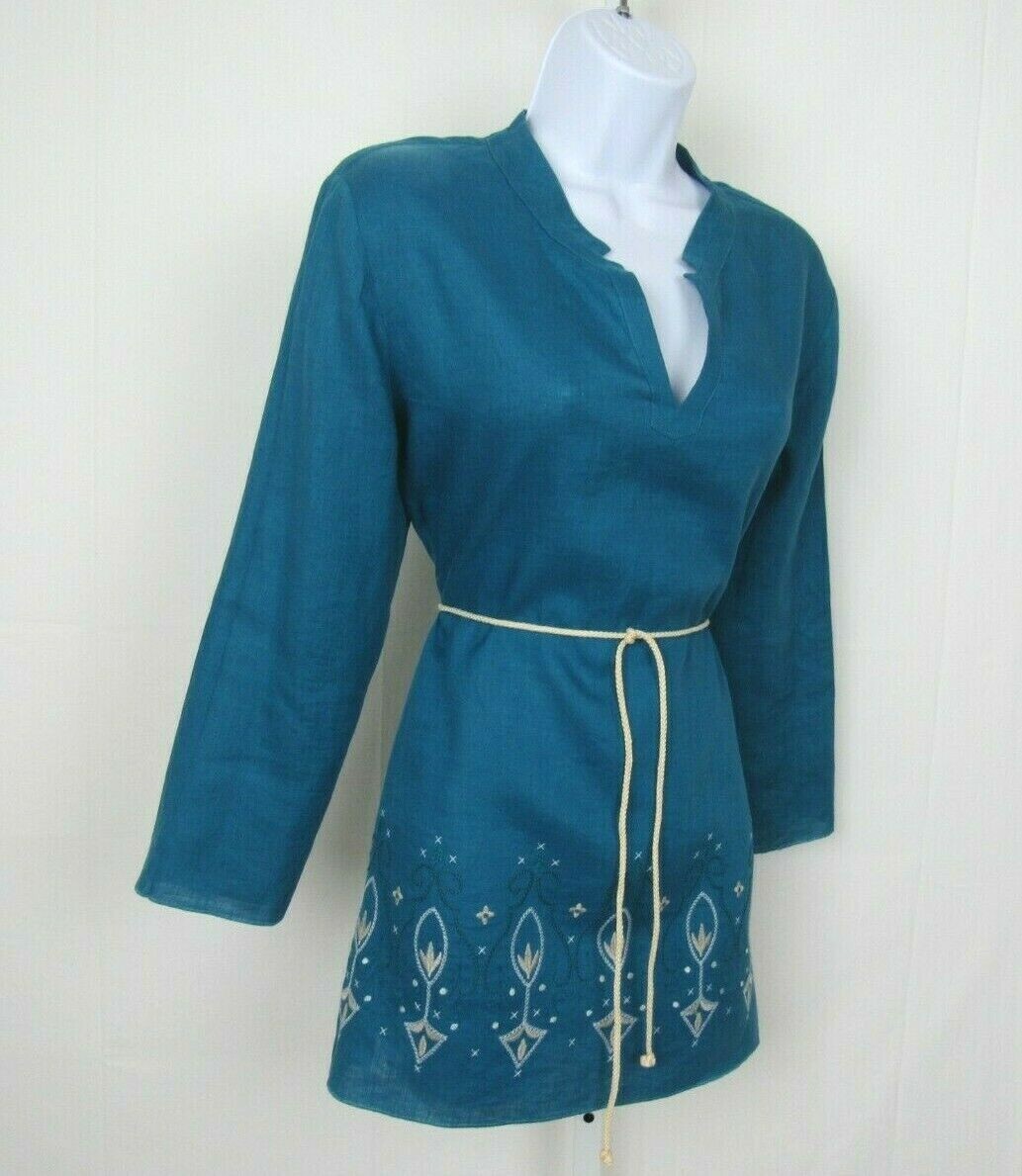 VTG 1980s DANA BUCHMAN TEAL EMBROIDERED LINEN SMOCK TOP & ROPE BELT SIZE 8
