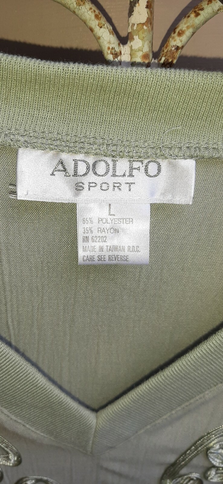 Vintage 80s Womens Top By Adolfo Sport Sage W/ Pearls & ribbon Bodice