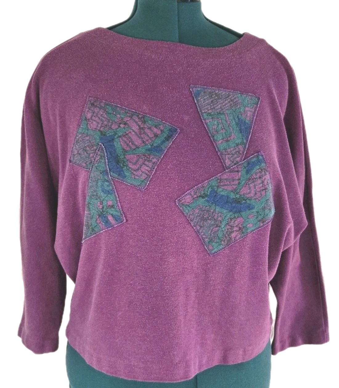 Vintage 80s Abstract Geometric Batwing Top Purple Dolman Artwear Womens Medium