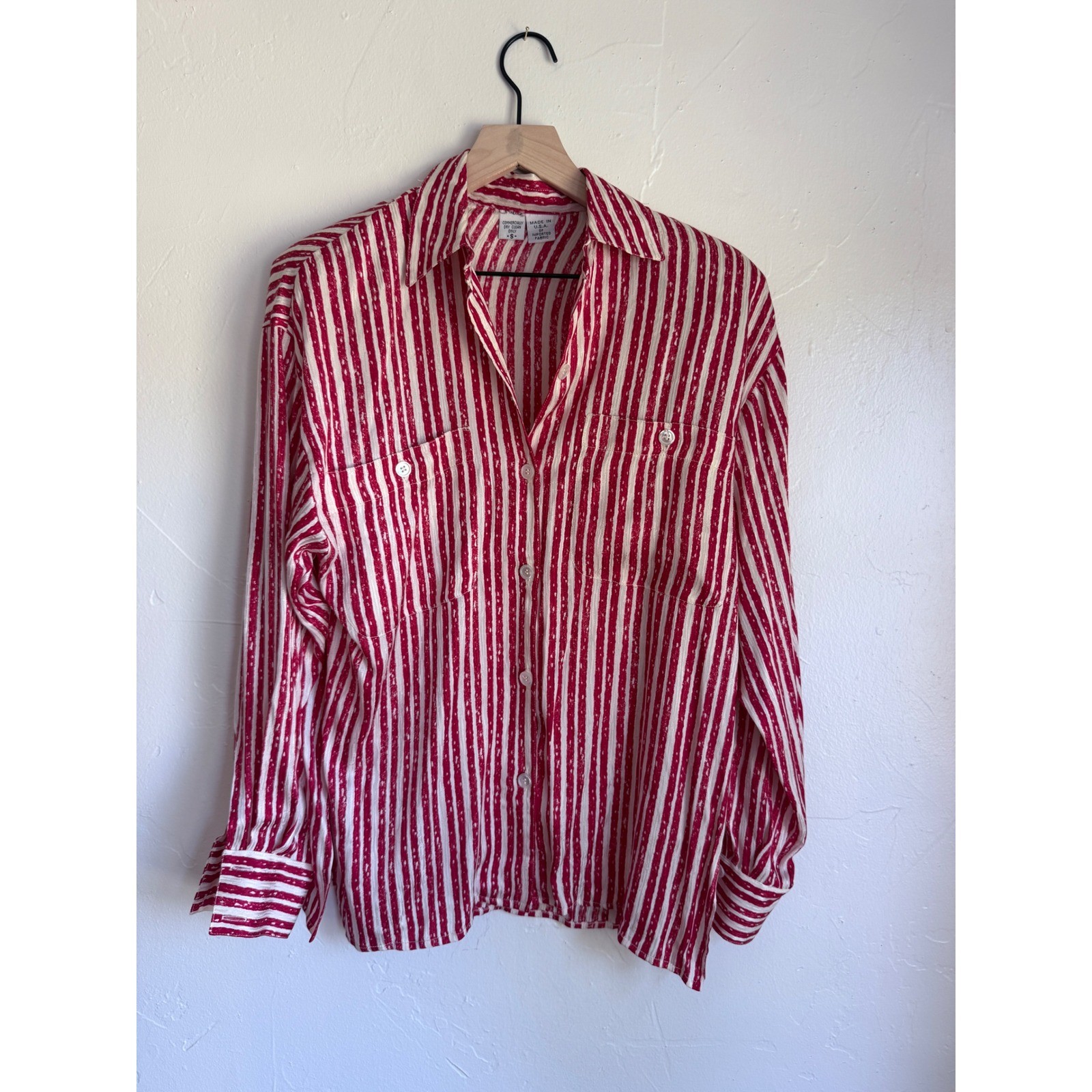 Vintage ILGWU Red White Striped Silk Blouse Made USA Button Down Shirt