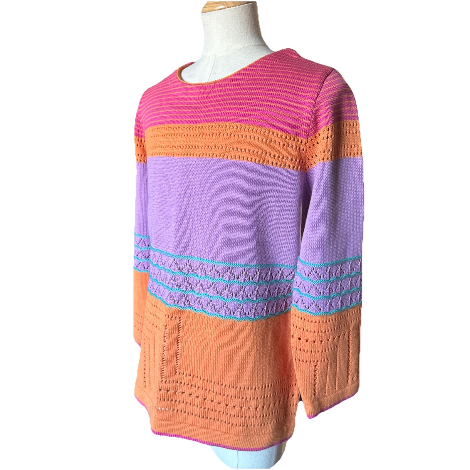 VNTG White Horse Knit Sweater Boho Art To Wear Geometric Pink Purple Orange S/M