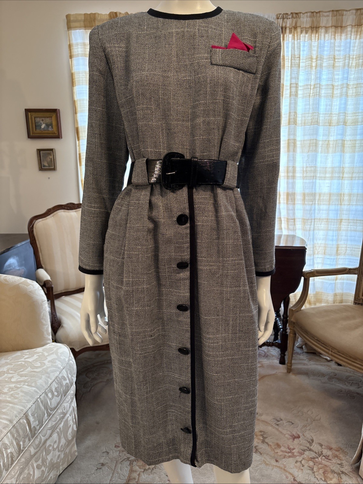 Vtg Lady Carol Tweed Secretary Dress Belt, Detail Buttons, Pockets, Piping Sz 10