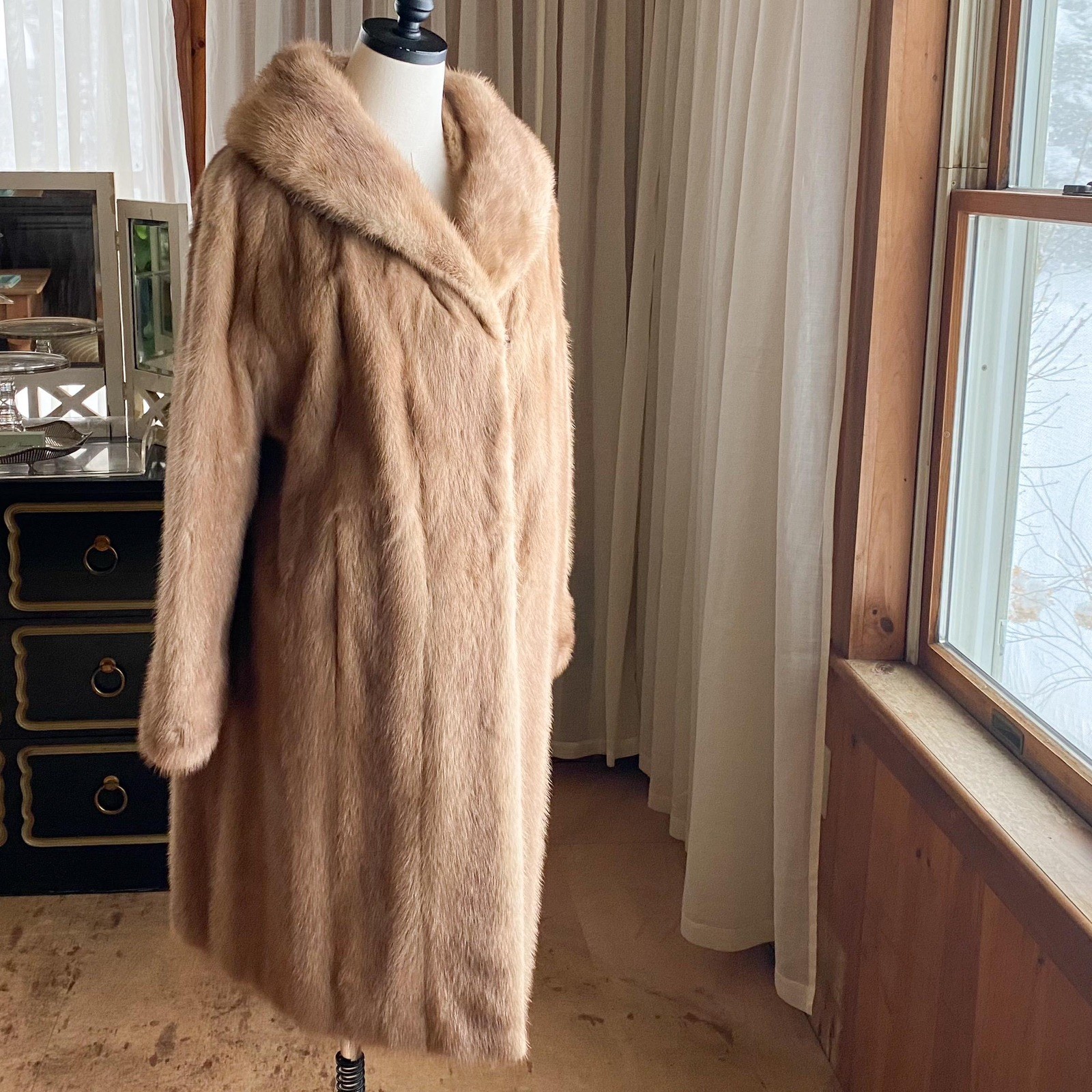 Vintage 60s mink coat midi autumn haze light brown shawl collar 46” bust EUC