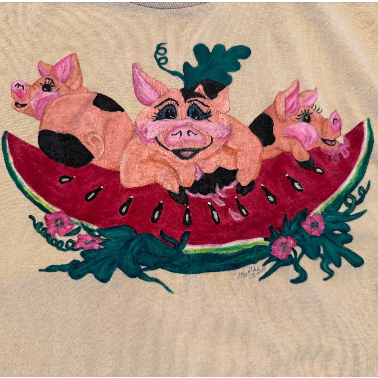 Vintage Jerzees Tan T-Shirt Hand Painted Pigs Watermelon Graphic XL Made in USA
