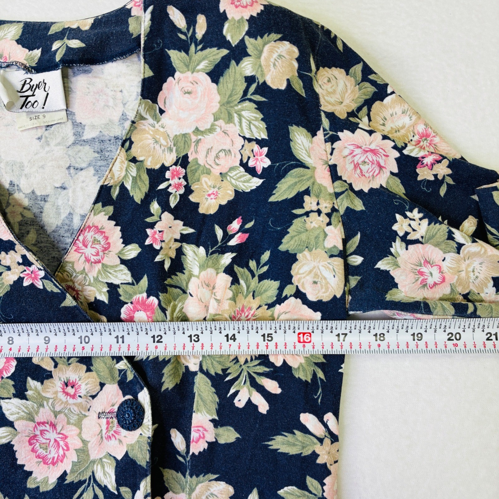 Vintage Byer Too Floral Cropped Jacket Navy Blue Pink 90s Made in USA Size 9