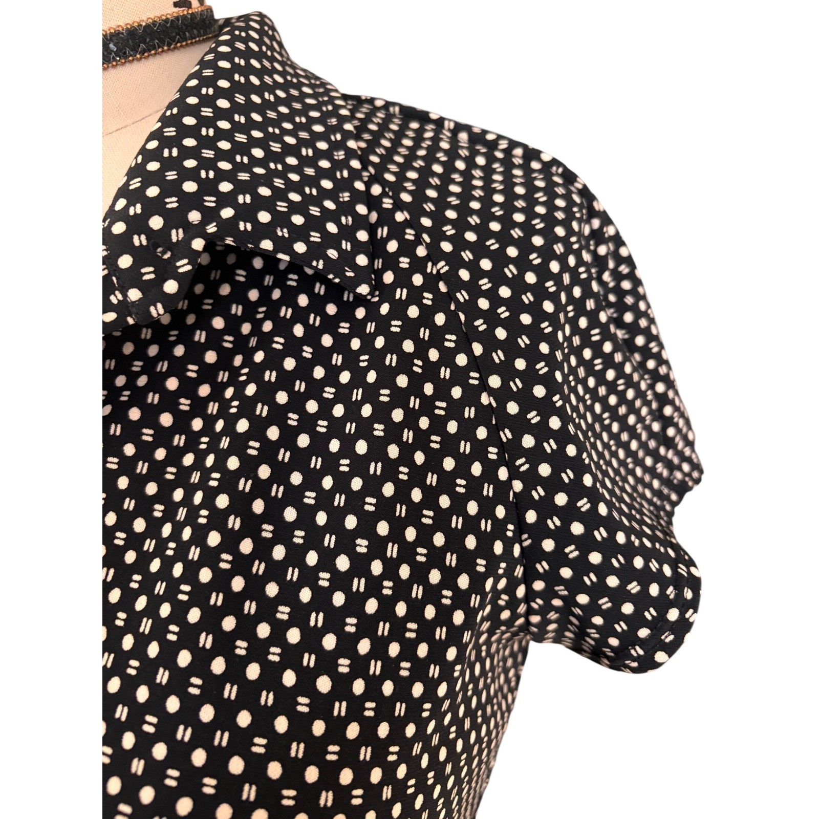 Polka Dot Geometric Byer Too! Collared Empire Waist Dress Small Black Vintage