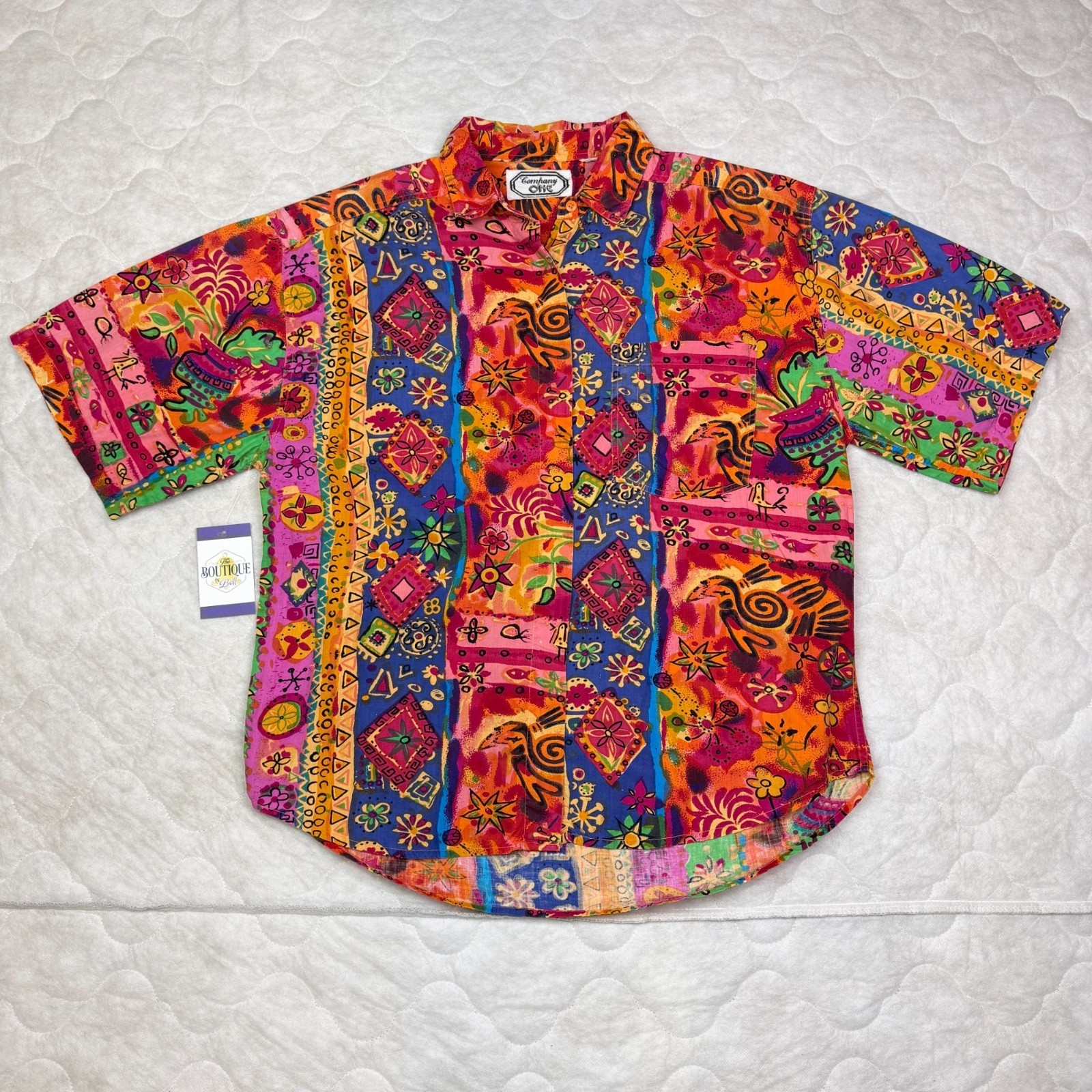Vtg 90s Company One Cotton Button Up Shirt Shoulder Pads Funky Boho Dopamine Art