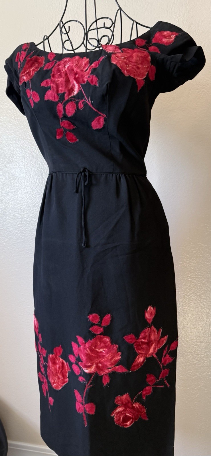 Vintage Robert Goldberg Design Made In NY Dress Black/Red Velvet Roses 🌹