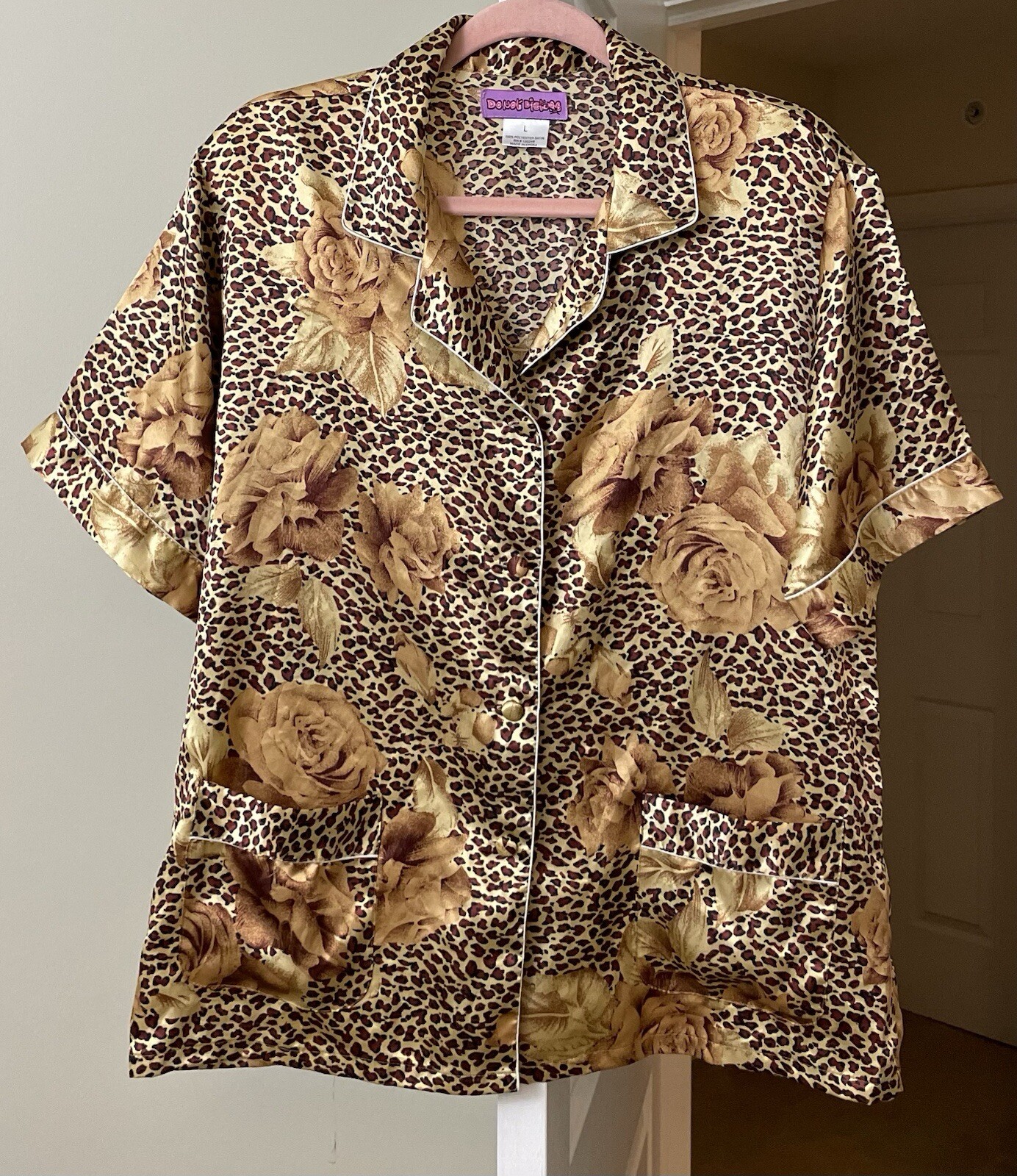 Vintage 90’s Do Not Disturb Sleep Top Cheetah Floral Sissy Satin Women’s Large