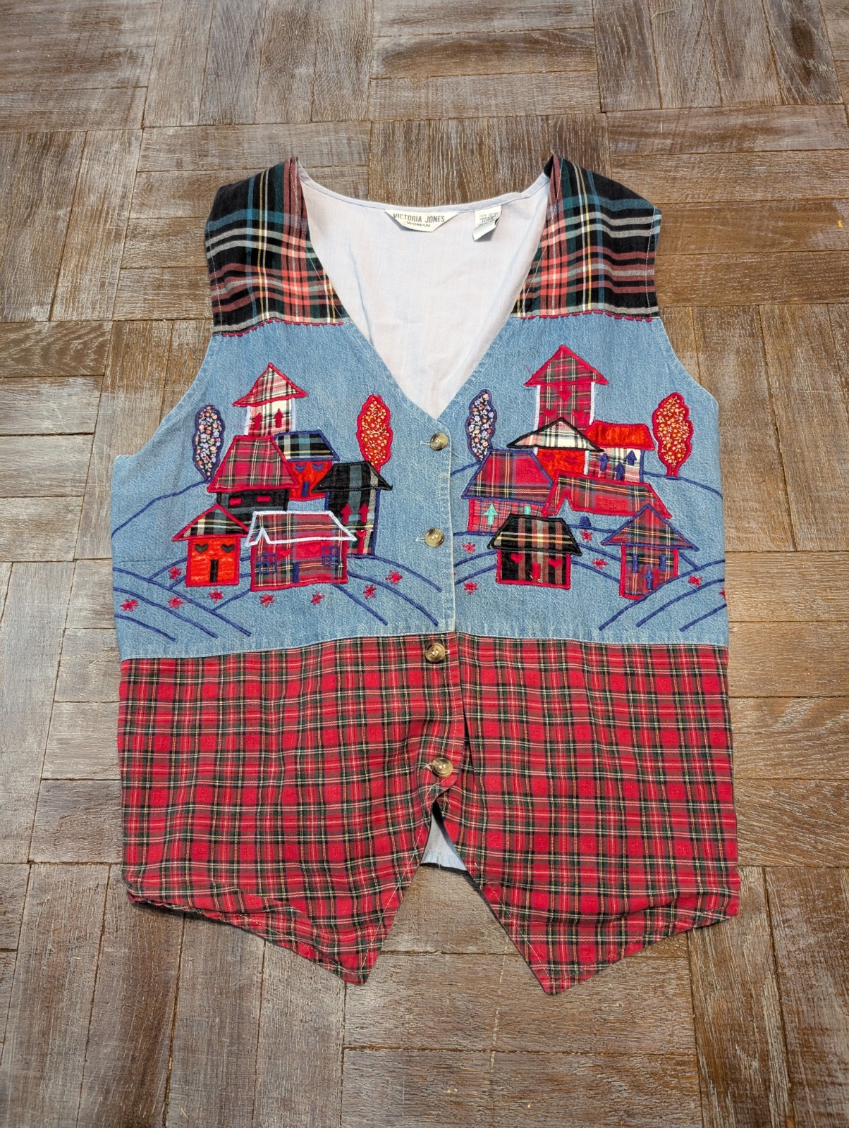 Victoria Jones Woman Vest 22W 42 Denim Patchwork Plaid Button Front Embroidered