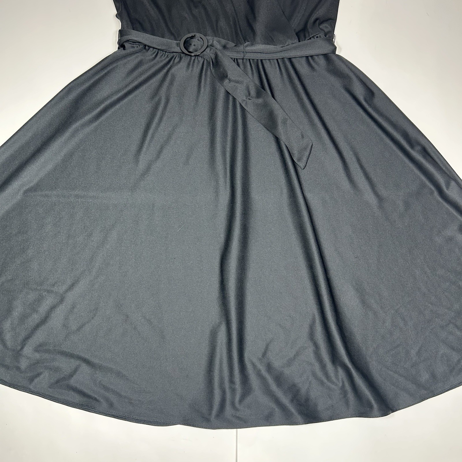 Vtg 89s Alison Peters Black Faux Wrap Midi Dress Cap Sleeve Pleated Belt Sz 10 ?