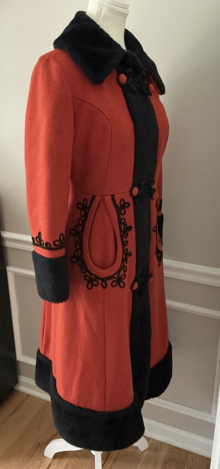 Vintage Red Orange Russian Princess Coat Black Faux Fur Trim 1960’s