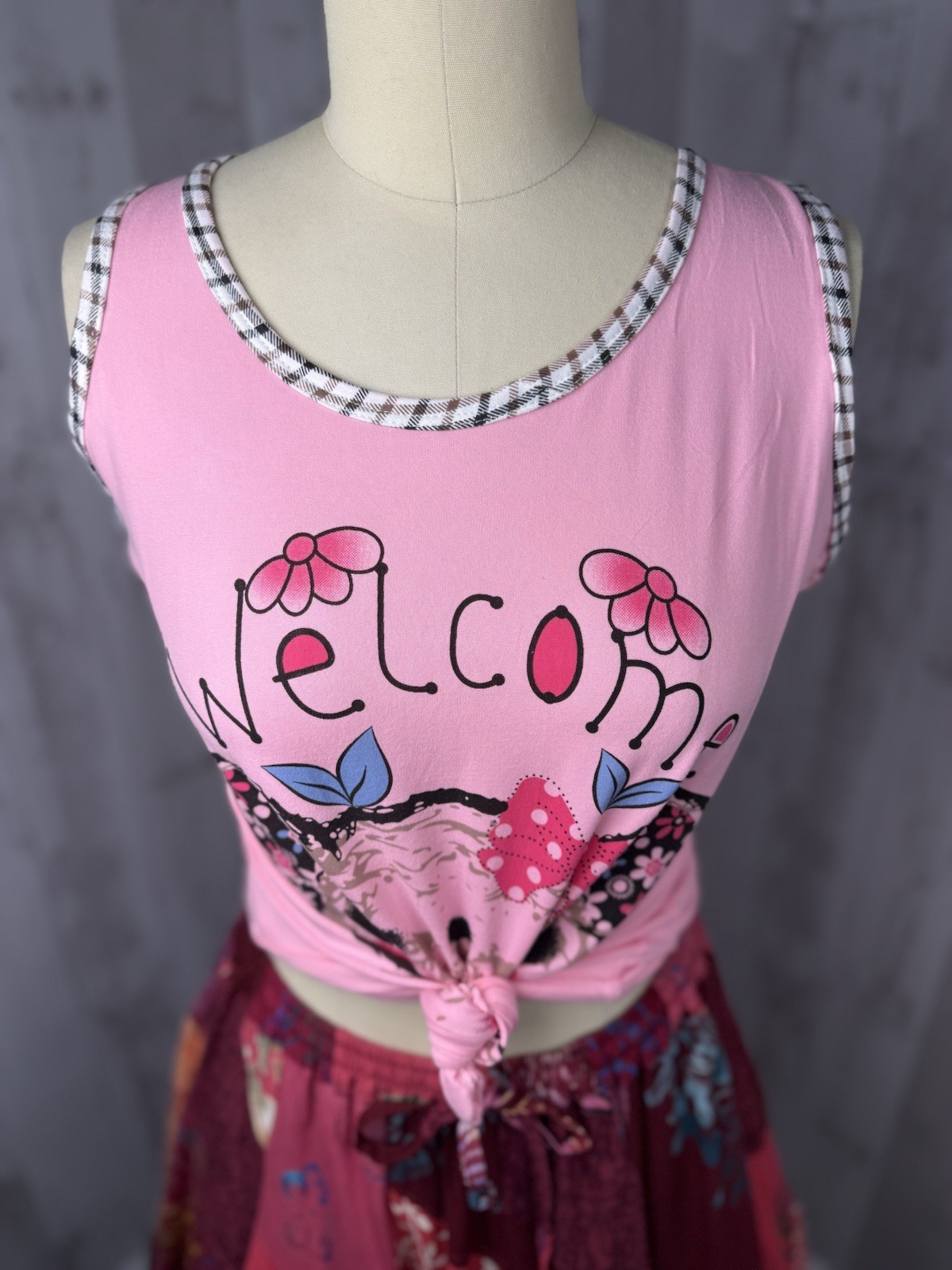 Vintage 1980s Patchwork Skirt Elastic Waist Hot Pink/Magenta +Free Bonus Top M/L