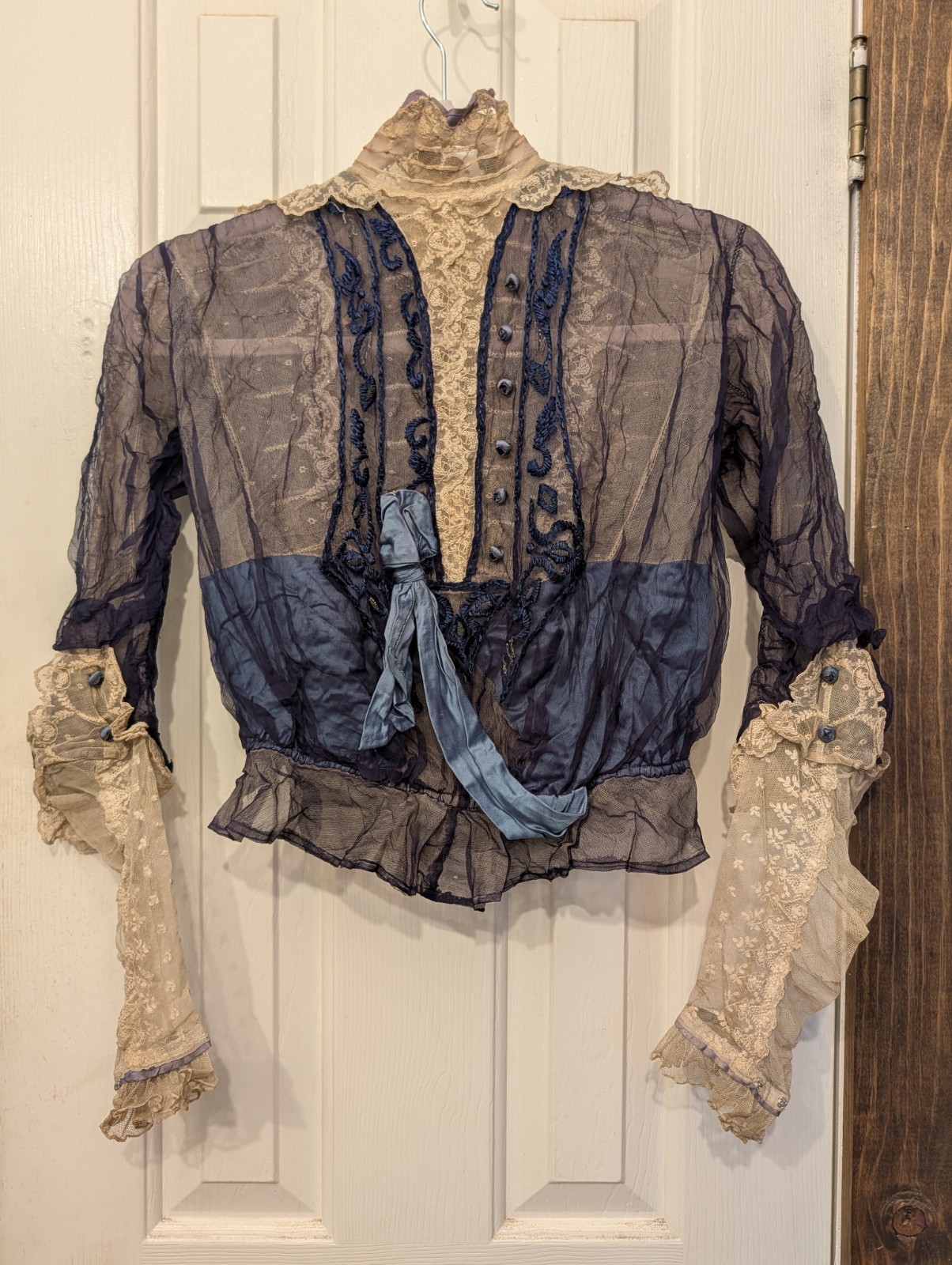 Antique Edwardian Cream Lace Blue Satin XS Women’s Blouse Handmade Bow Details