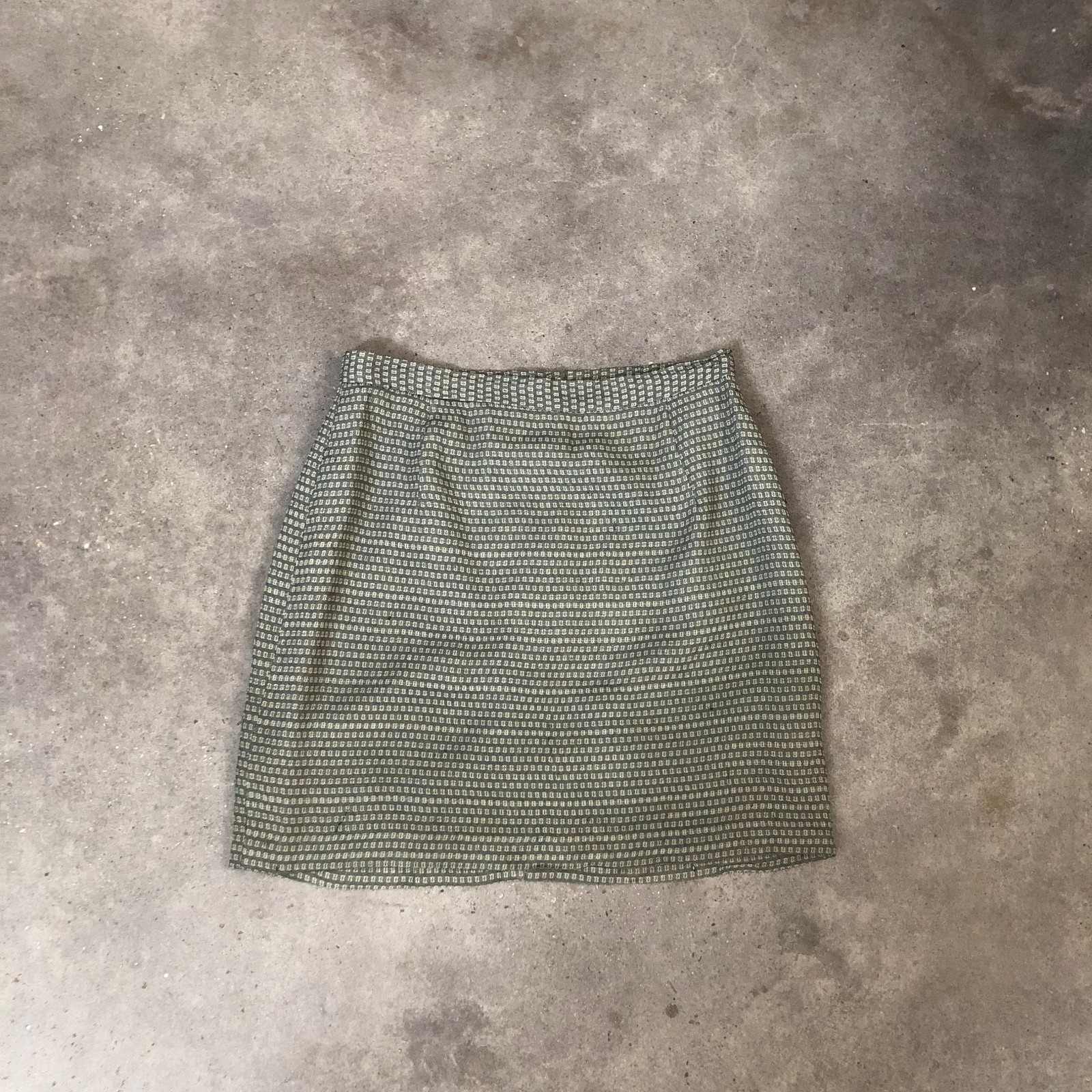 Vintage 90s Silky Mini Skirt M Gray Beige Woven Pattern High Waisted Pencil